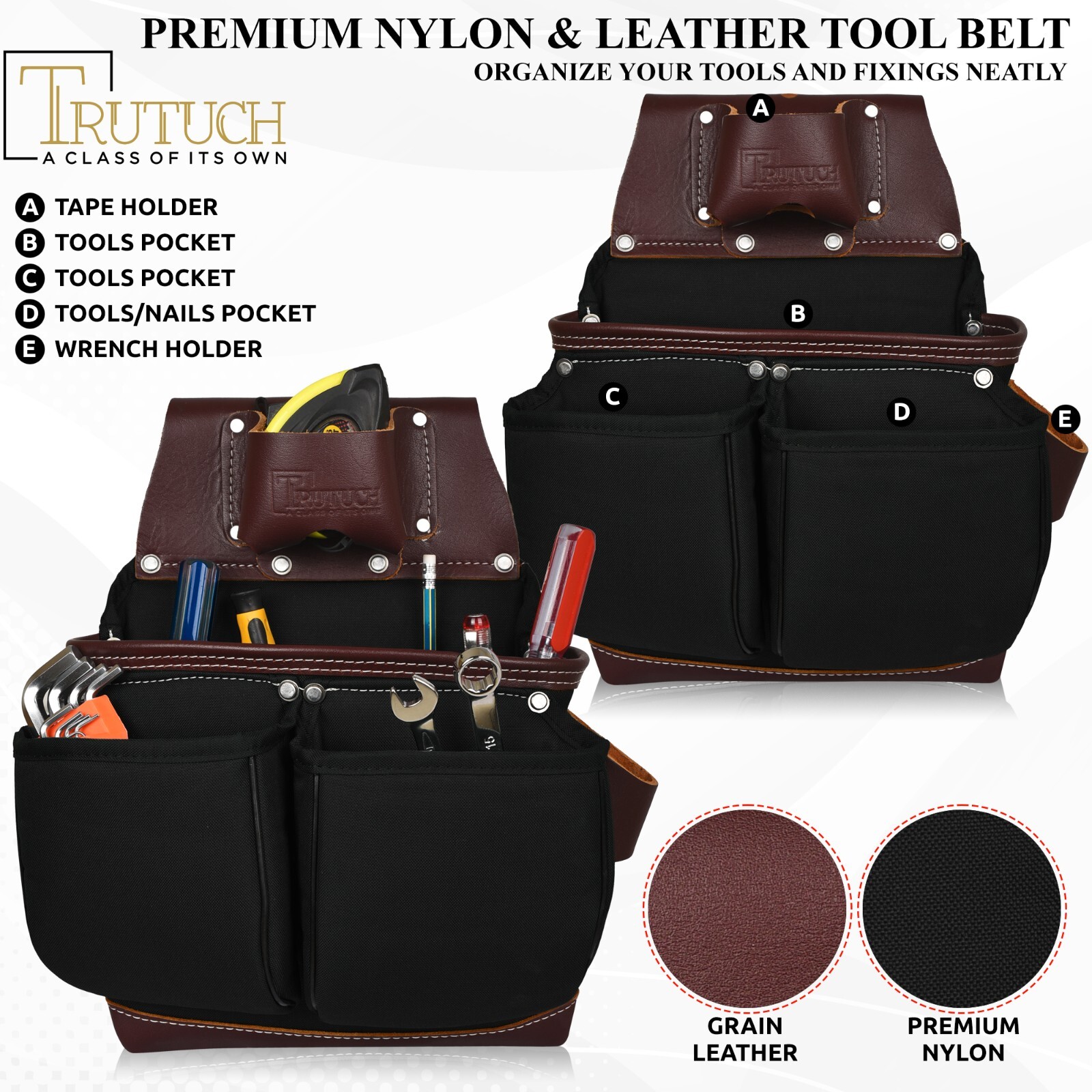 TRUTUCH Nylon and Leather Tool Belt with Leather Work Suspender | Electrician