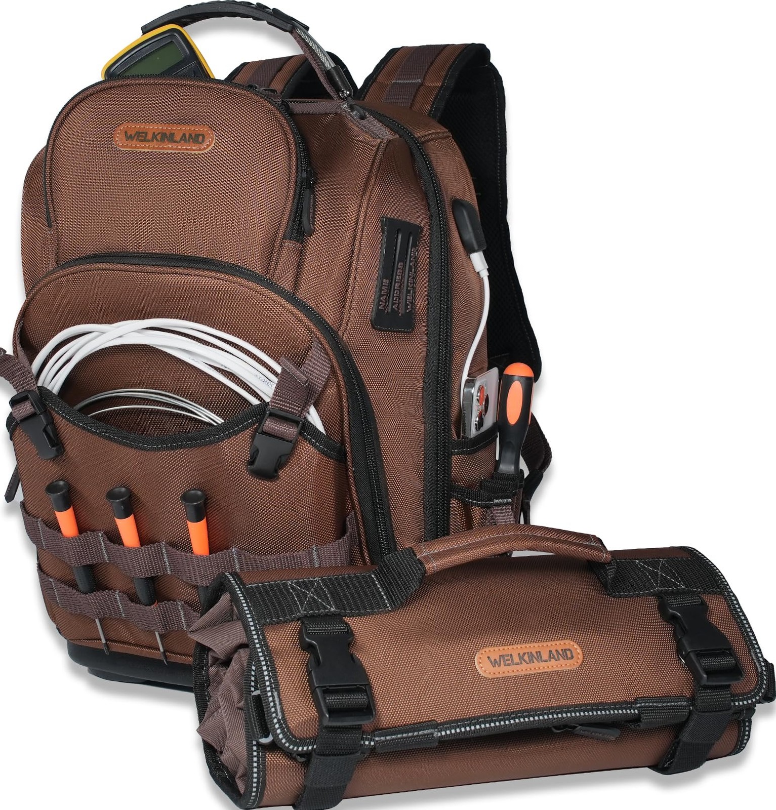 WELKINLAND 70Pockets HVAC Tool Backpack With Roll, 4-Piece Brown & Black