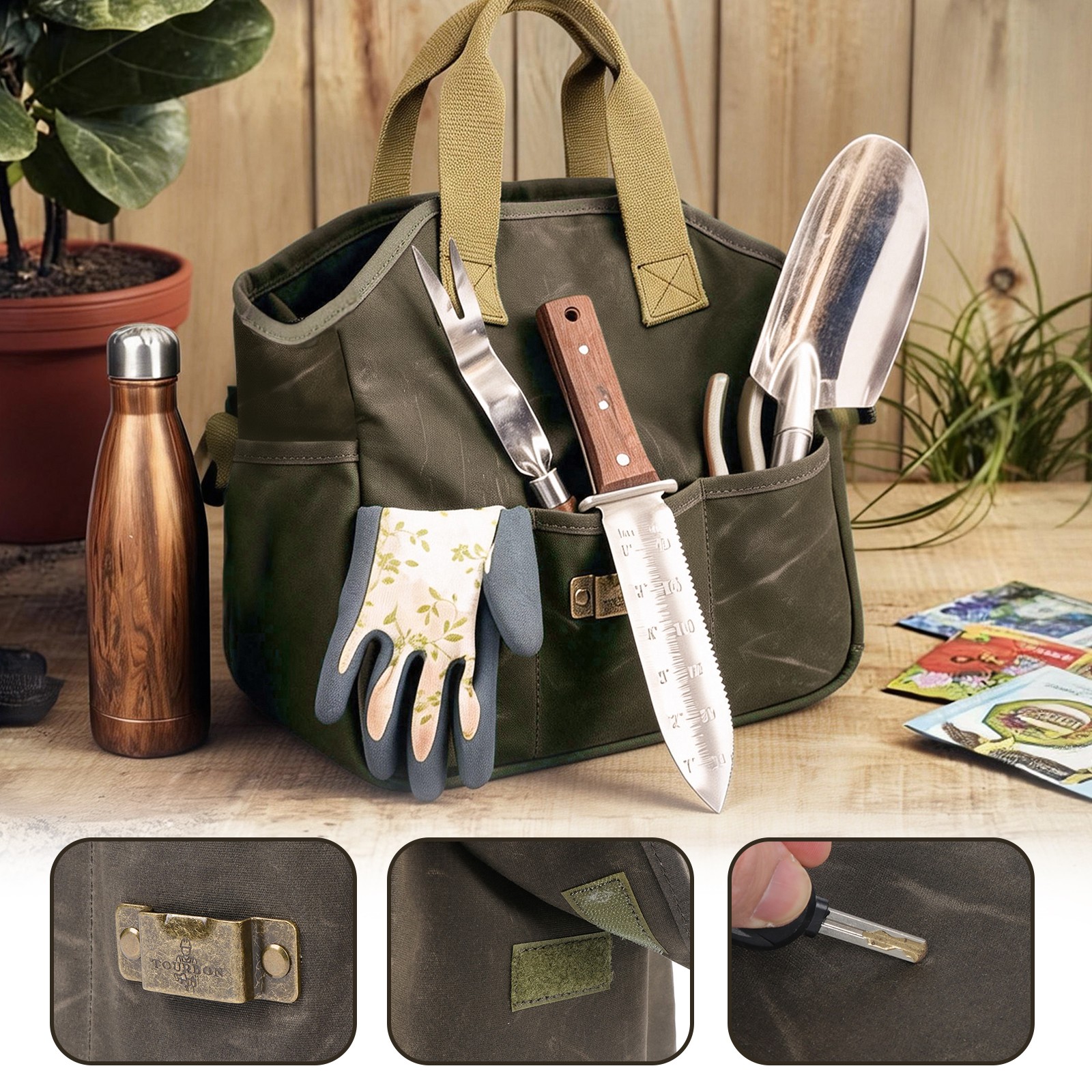 Tourbon Sturdy Canvas Garden Tool Tote Bag Farmer DIY Utility Storage Organizer