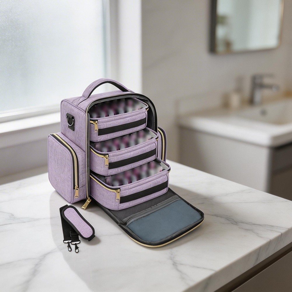 Nail Polish Carrier Bag with Dual Top Handles and Adjustable Shoulder Strap