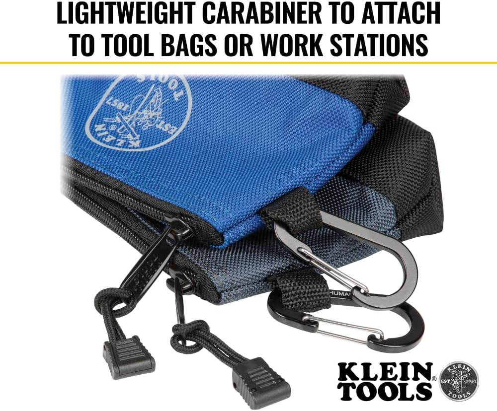 Klein Tools 55559 Stand-Up Zipper Bag Tool Pouch with Carabiners, 7-Inch Blue an