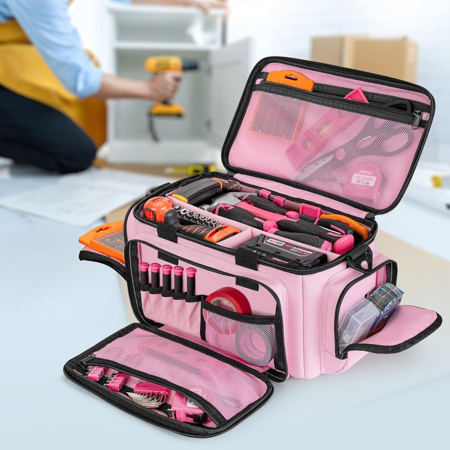 Tool Tote Bag for Women Water Resistant Pink Organizer with Anti Friction Bottom