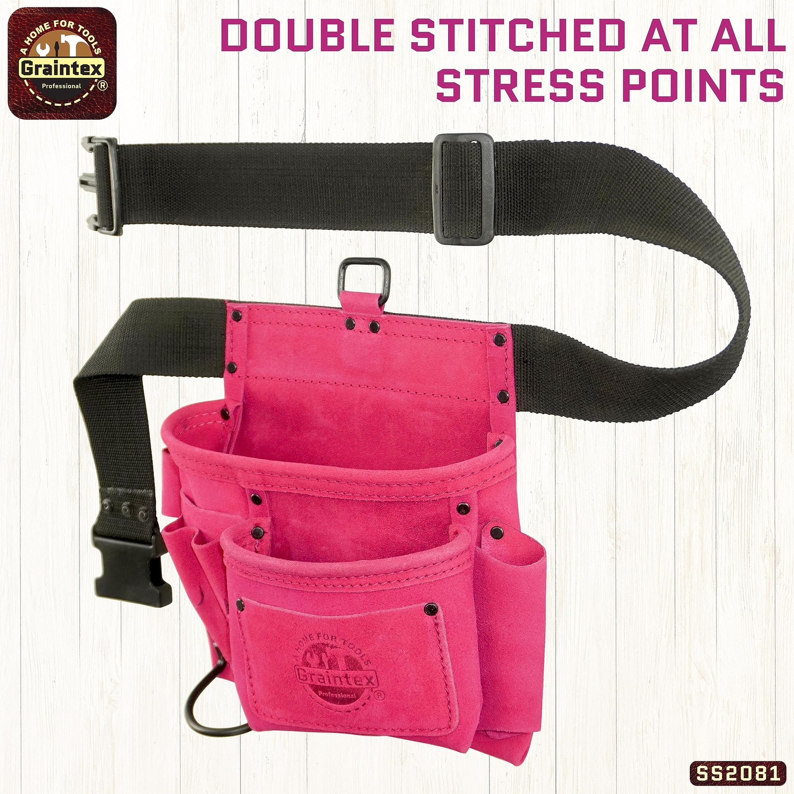 GRAINTEX SS2081 5 Pocket Nail & Tool Pouch Pink Color Suede Leather with 2”