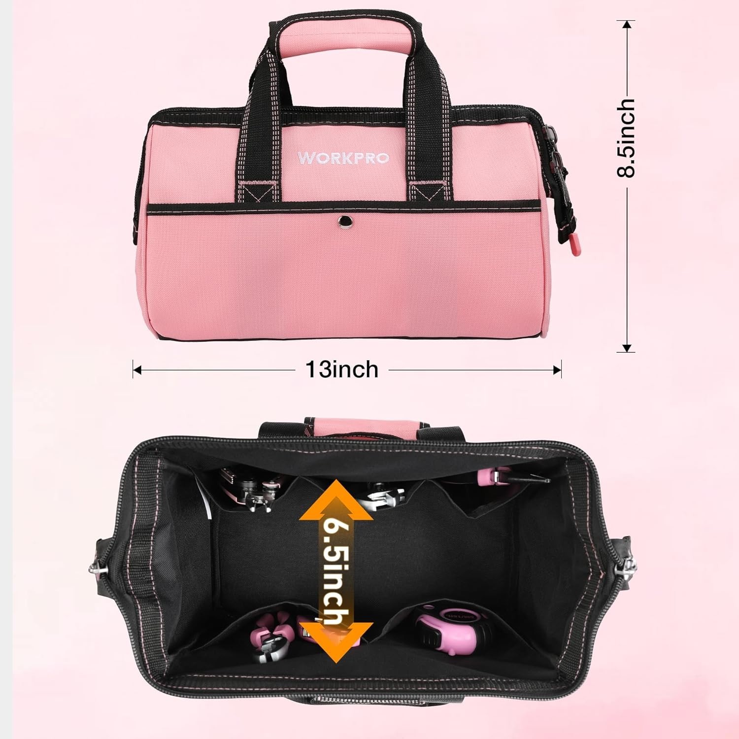 Chic 13-Inch Pink Tool Bag – Wide Mouth Tote with 9 Pockets for Easy Access