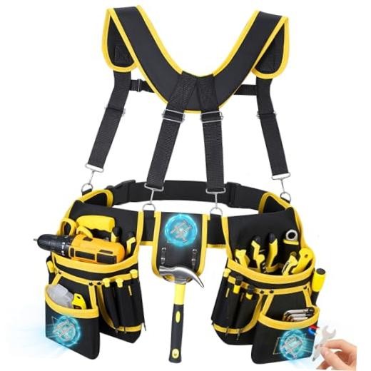 Tool Belt, Professional Tool Belts with Suspenders, Magnetic Tool Pouch Yellow