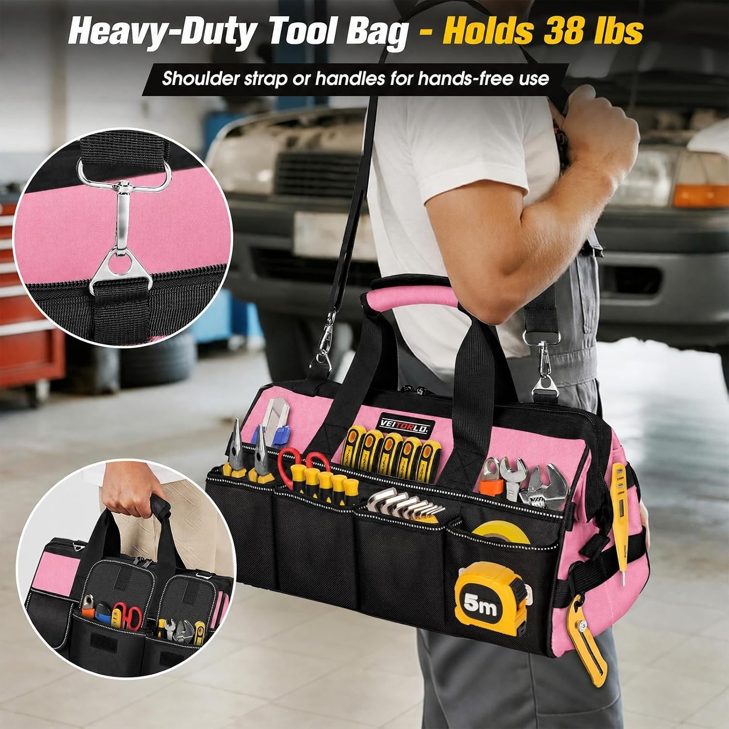 16-Inch Pink Tool Bag with 19 Pockets – Heavy-Duty Organizer for All Needs