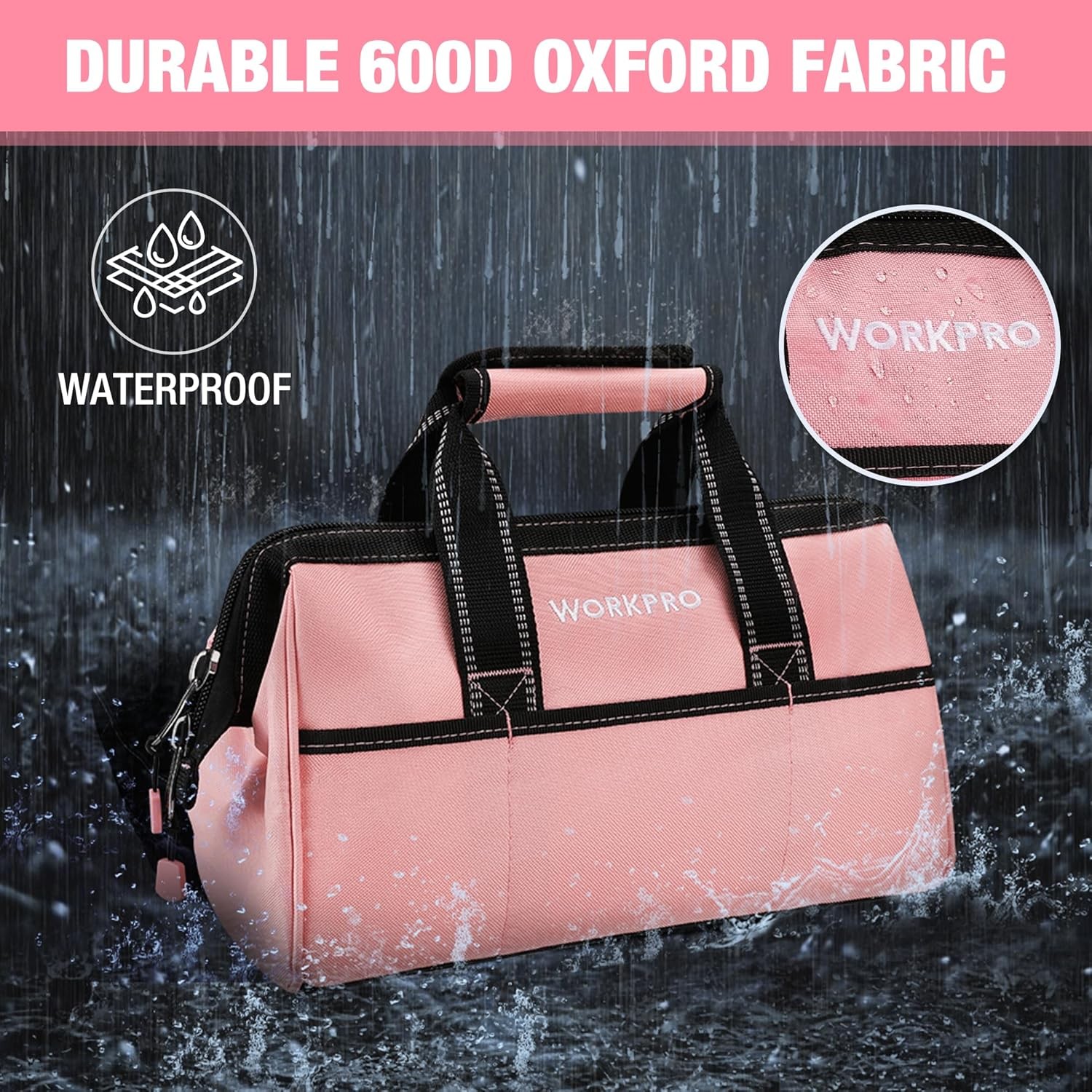 WORKPRO 13-inch Wide Mouth Tool Bag Tote Bag w/Inside Pockets Tool Bag Pink/Blue