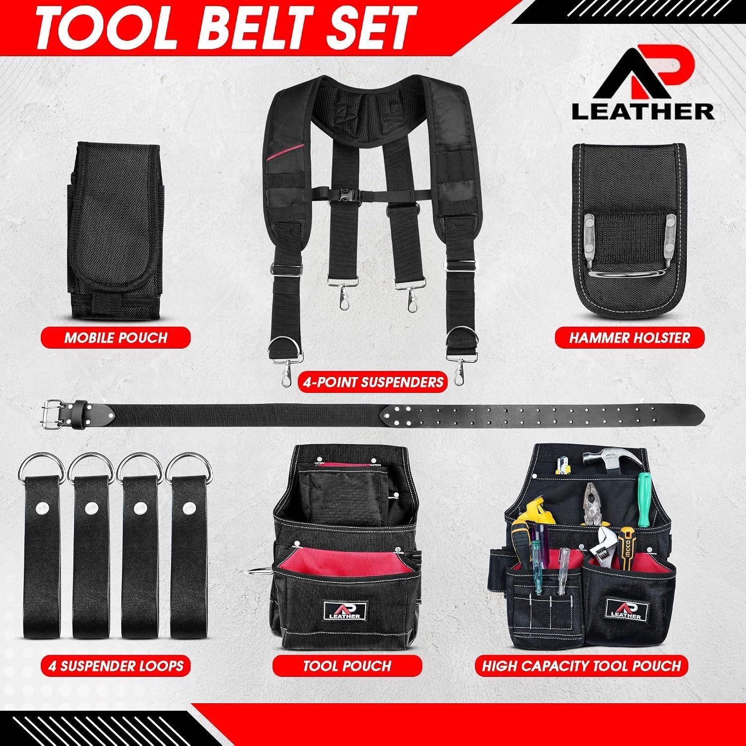 AP Duty Tool Belt with Suspenders Adjustable Carpenter Tool Pouch 600D Polyester