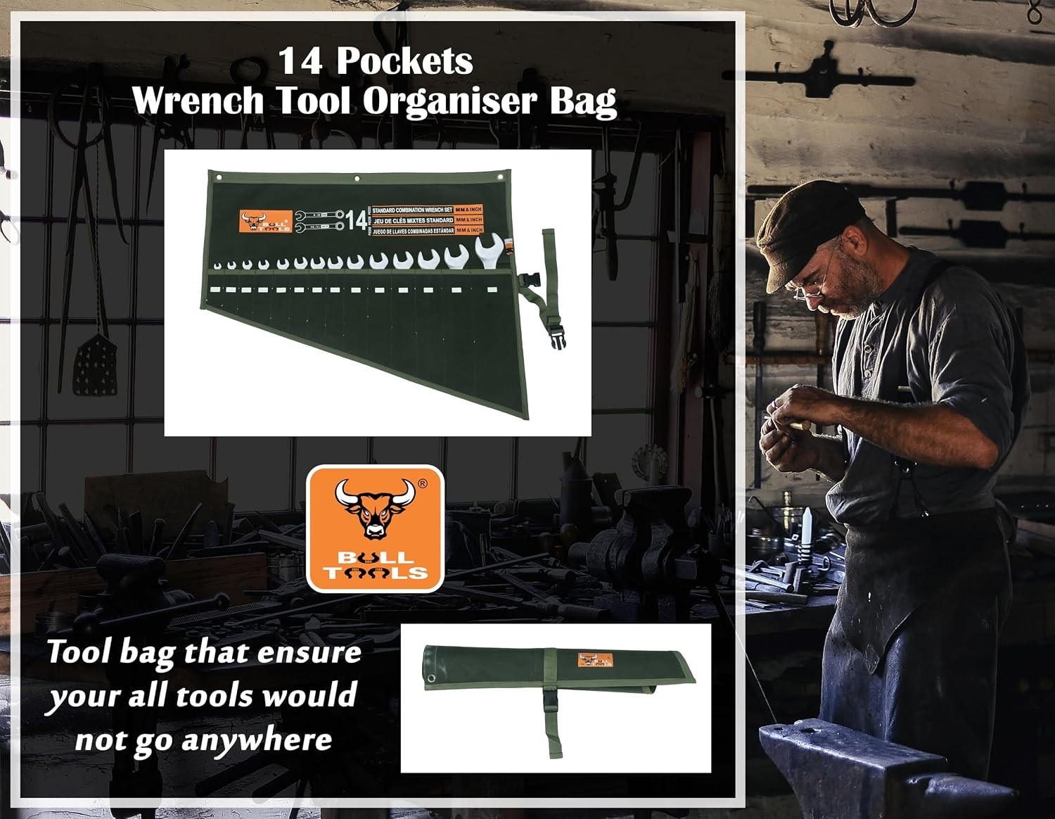 Bull Tools 14 Pocket Heavy-Duty Wrench Roll Organizer – Olive Drab Canvas Pouch