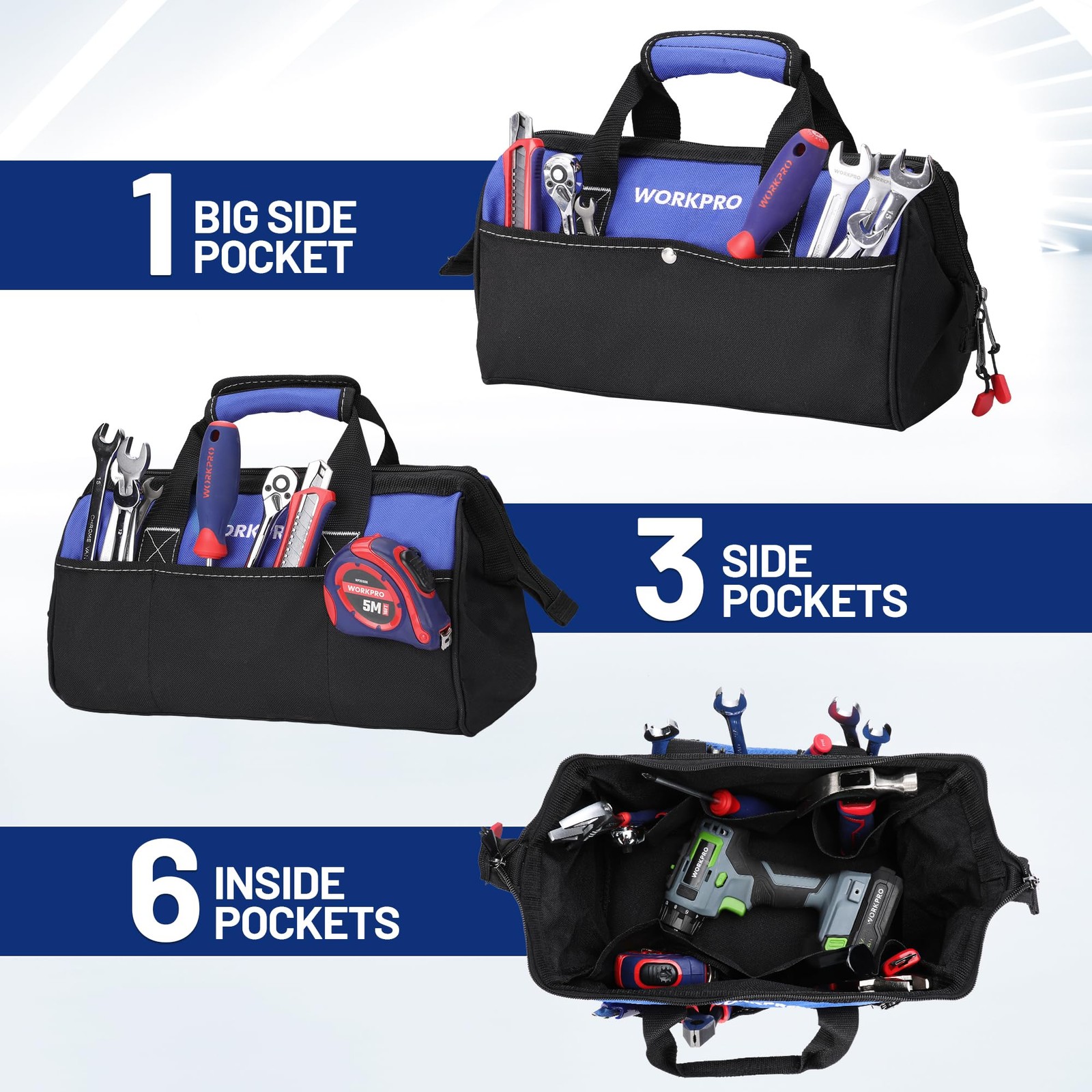 WORKPRO 13-inch Tool Bag, Wide Mouth Tote Bag with Inside 13-Inch, Blue
