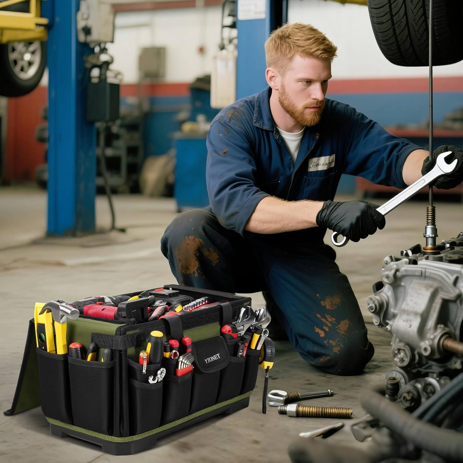 Heavy Duty Tool Bag 16-Inch, 46 Pockets Electrician Tool Bag for Men with Hard B