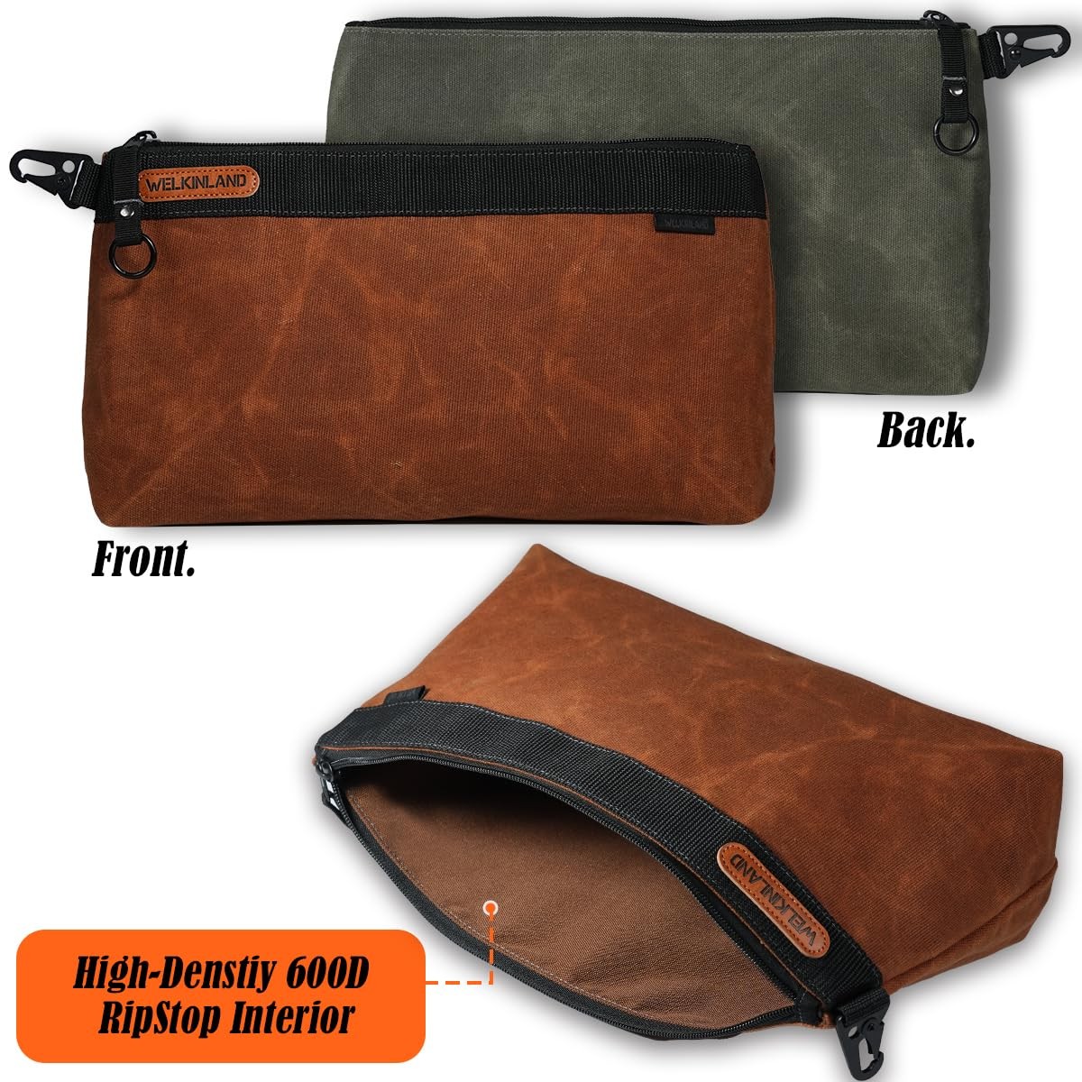 WELKINLAND 2-Pack Heavy-Duty Waxed Canvas Tool Pouches, 14-Inch Zippered Tool…