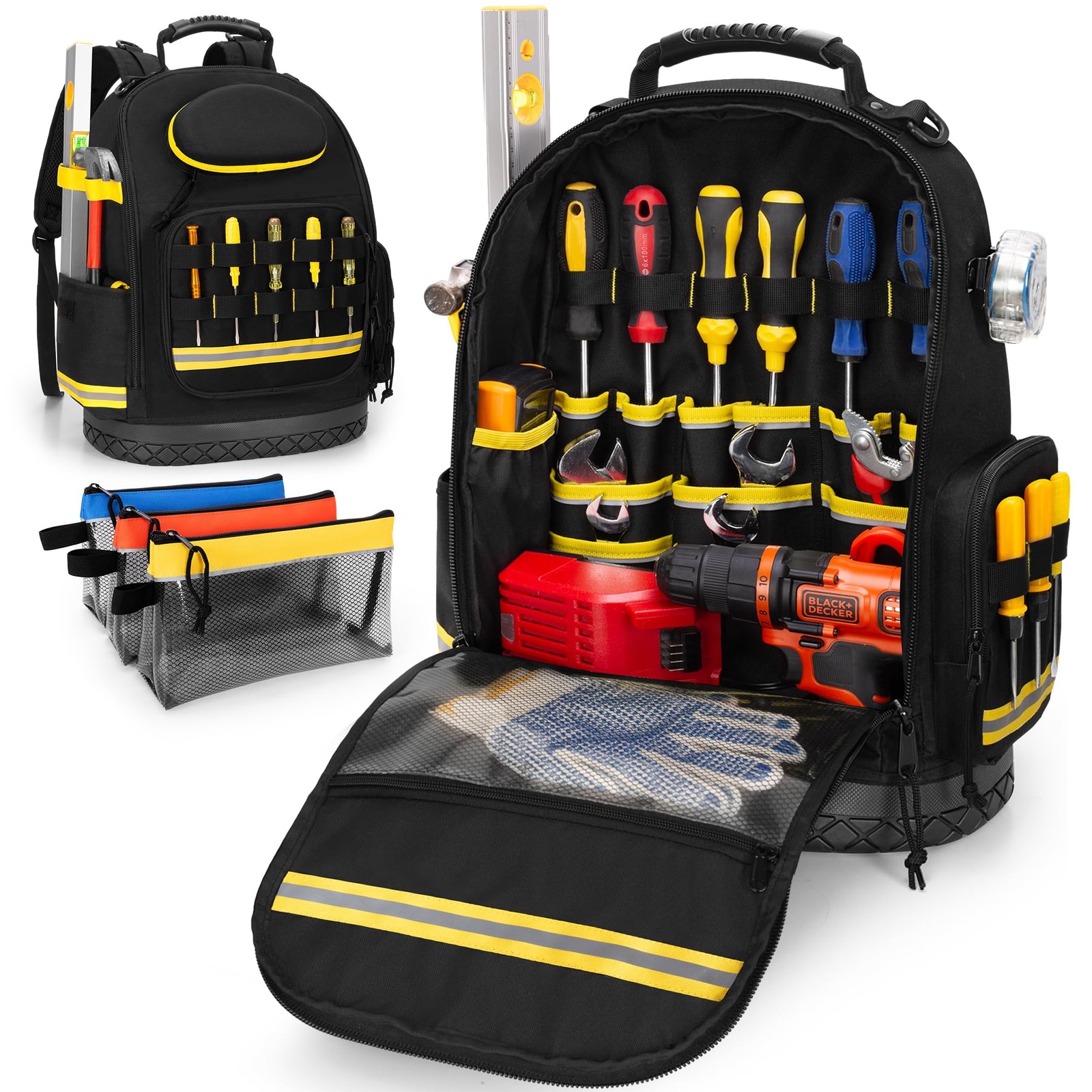 Heavy Duty Tool Backpack Hard Bottom Organizer Bag with 3 Pouches Storage