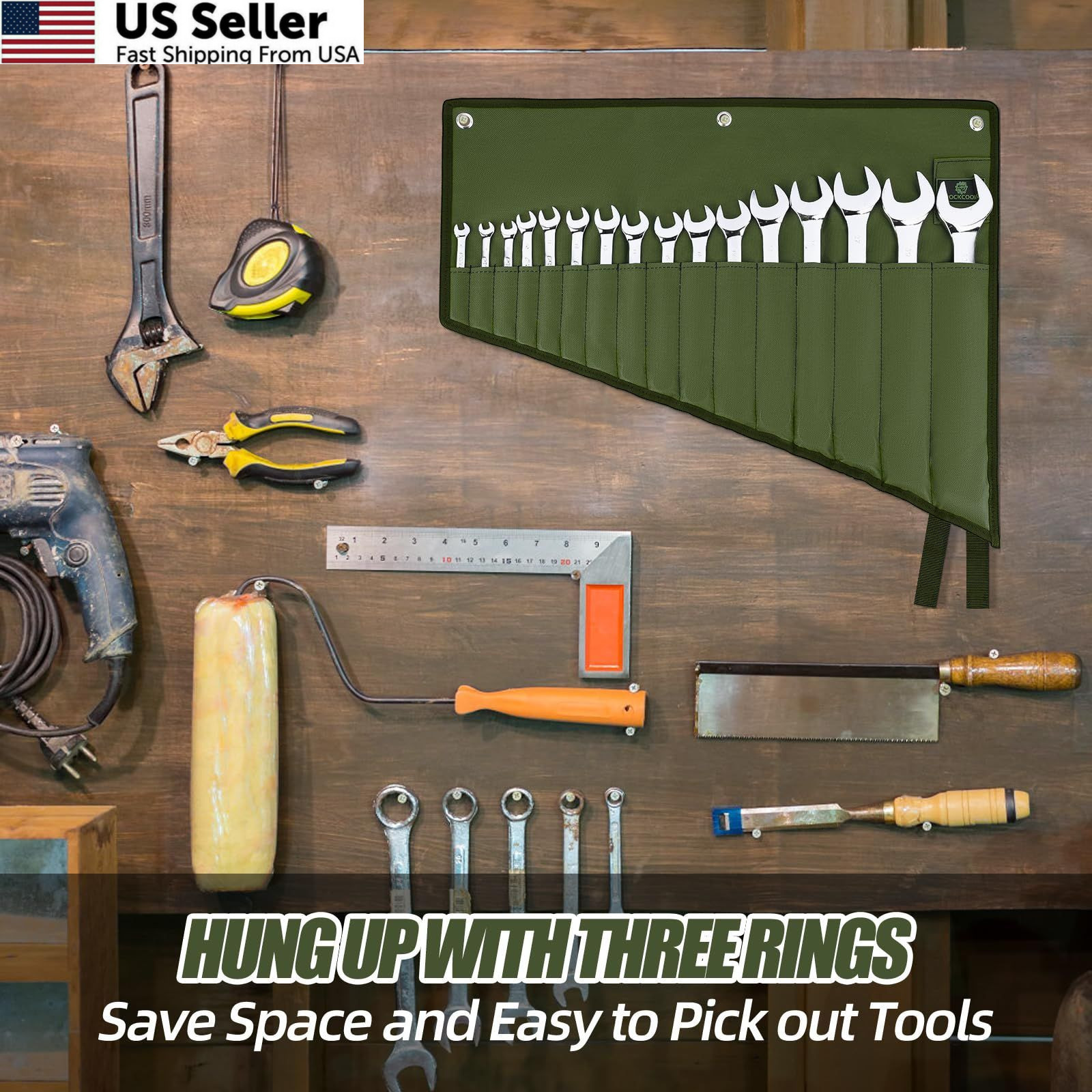 ROCKCOON Wrench Roll Organizer 16 Pockets, Pouch Up with Green