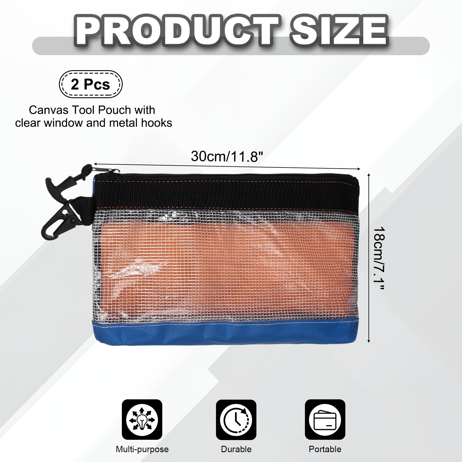 2 Pcs Blue 12 Inch Multi Canvas Zipper Purpose Tool Pouch with Clear Window,