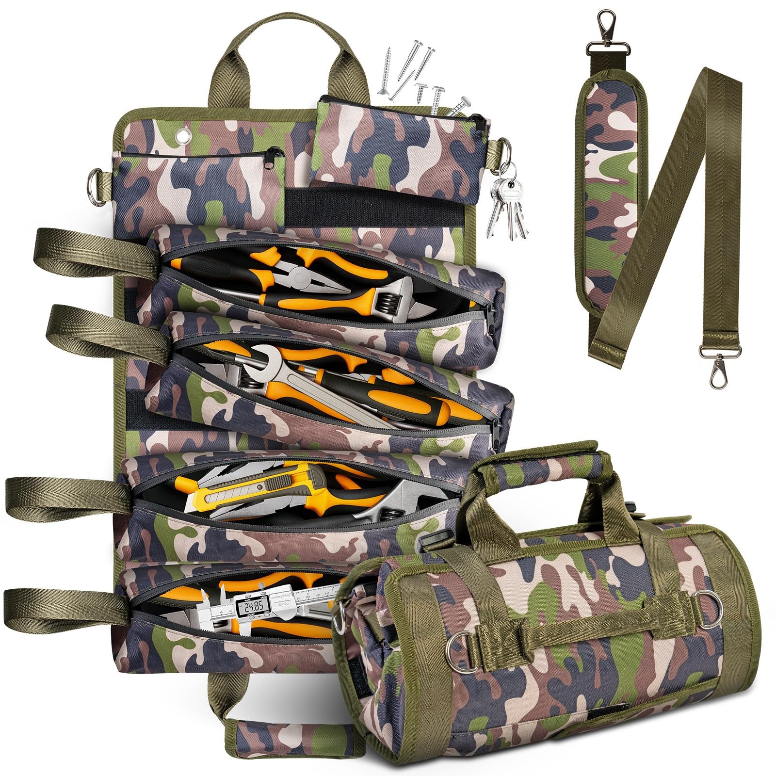 Tool Bag Heavy Duty Organizer Portable Pouch Men 6 Detachable Camo Green