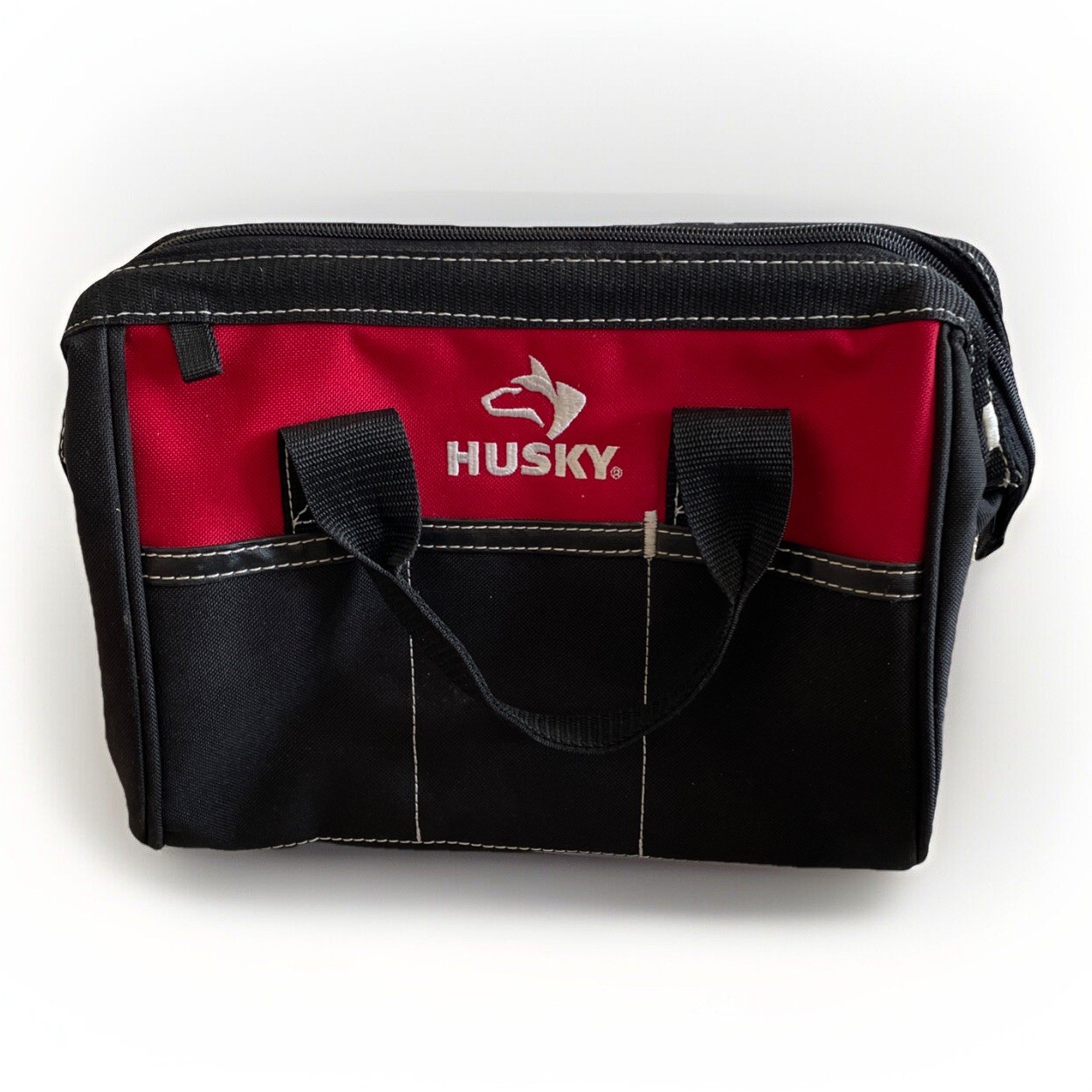 Husky 12″ Tool Bag Work Gear Tote with 3 outside pockets Red Black EUC