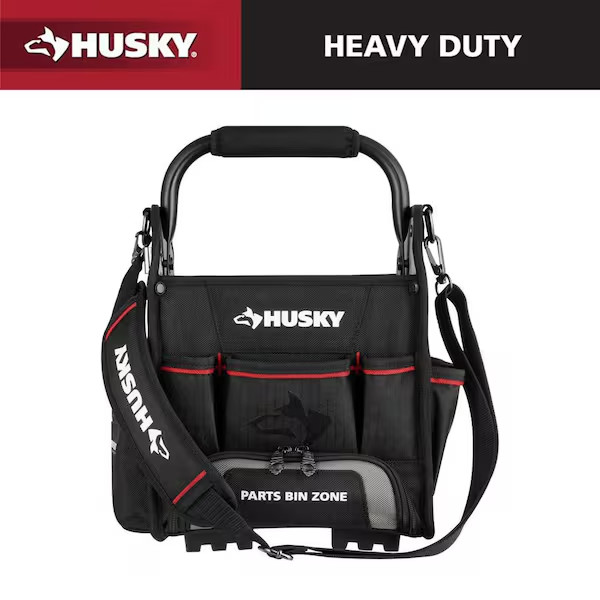 Husky Tool Tote Bag 10in Heavy Duty Tool Organizer Parts Bin Shoulder Strap