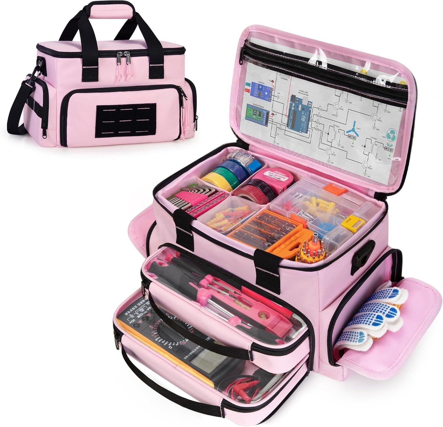 Pink Tool Bag for Women 12 Inch Organizer with Double Layer and Clear Pouches