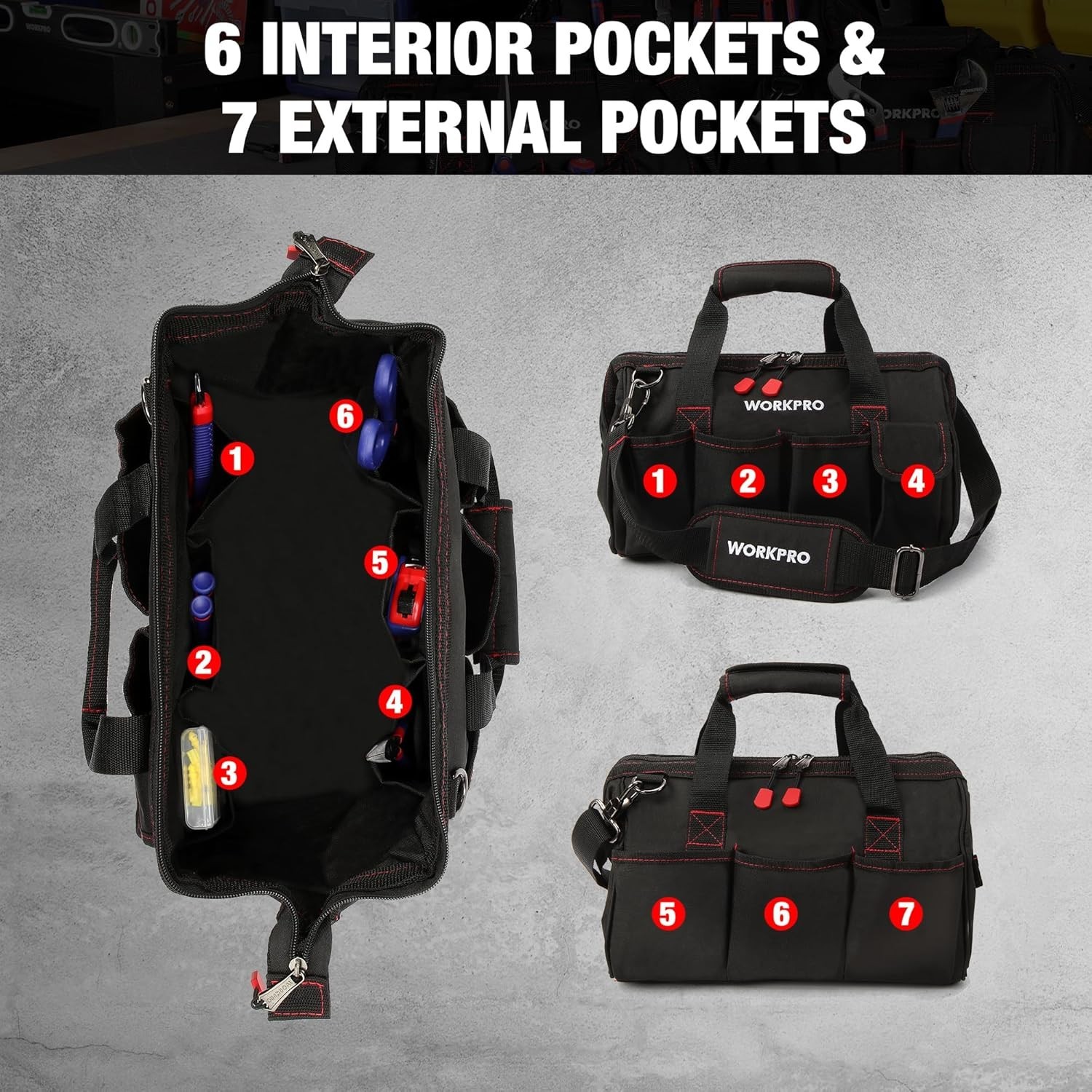 Durable 14-Inch Multi-Pocket Tool Bag with Adjustable Shoulder Strap in Black