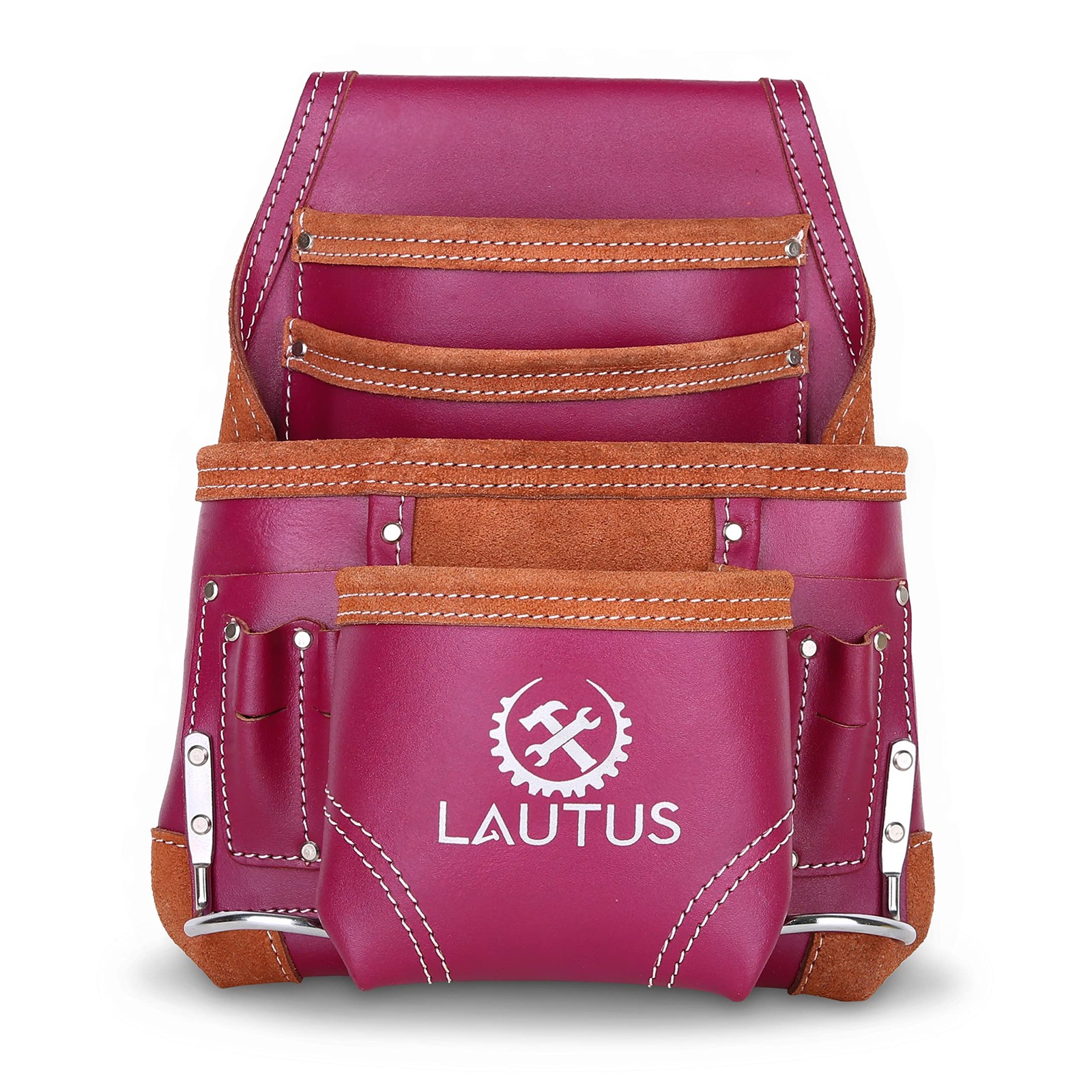 Oil Tanned Leather Tool Pouch Bag Burgundy 10 Pockets 2 Hammer Holders