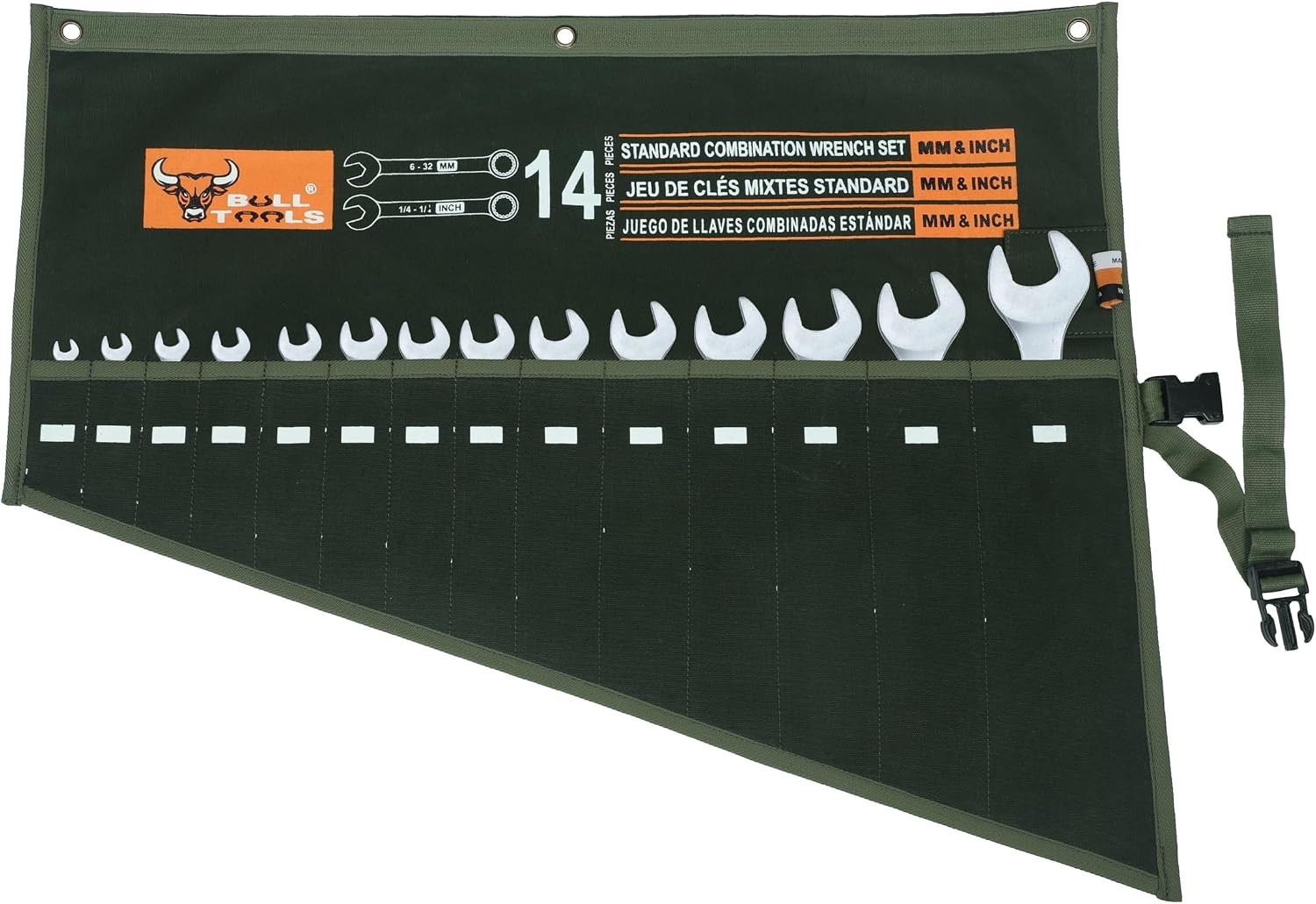 Bull Tools 14 Pocket Heavy-Duty Wrench Roll Organizer – Olive Drab Canvas Pouch