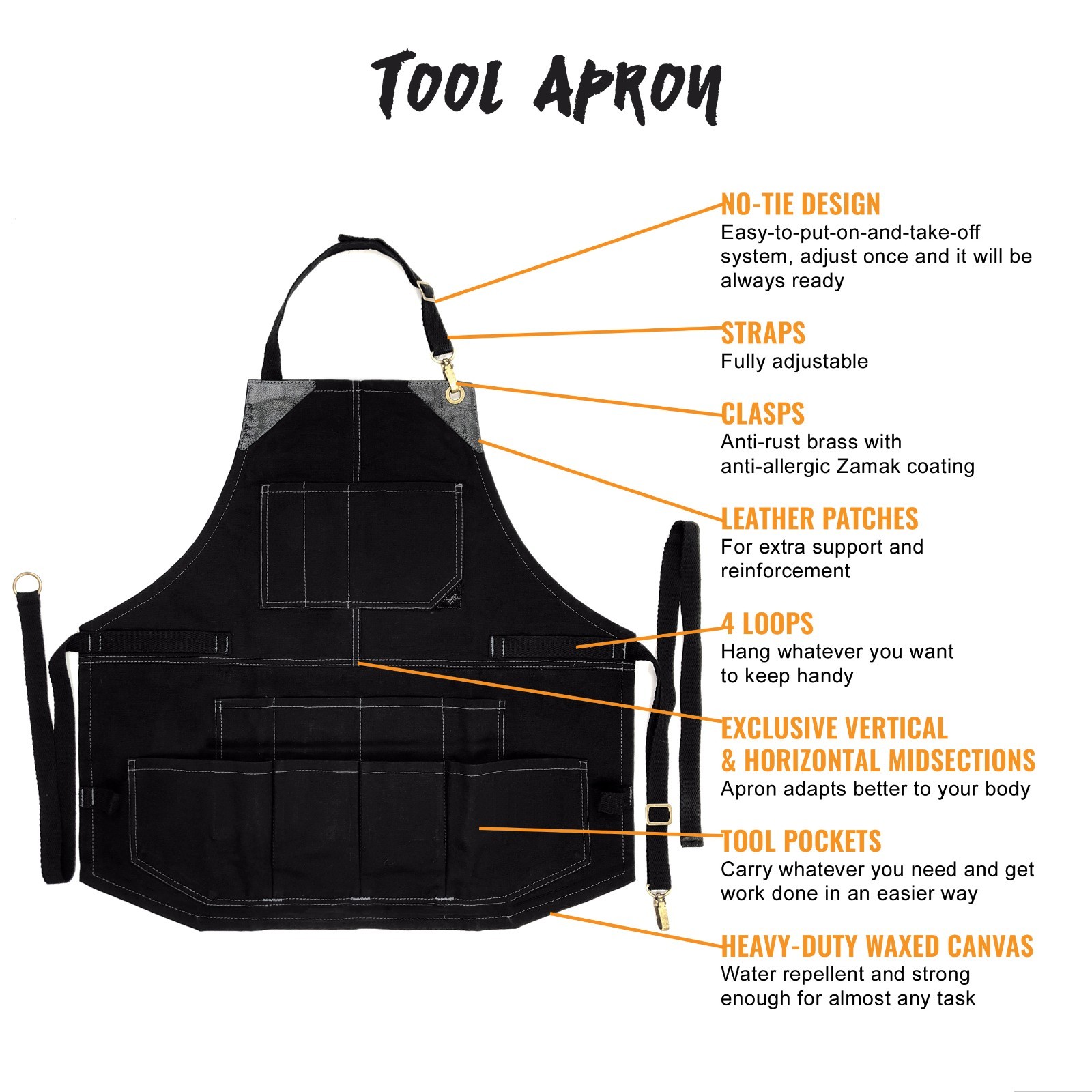 Tool Apron – 12 Pockets, Heavy-Duty Waxed Canvas, Leather Trim, NoTie – Woodwork