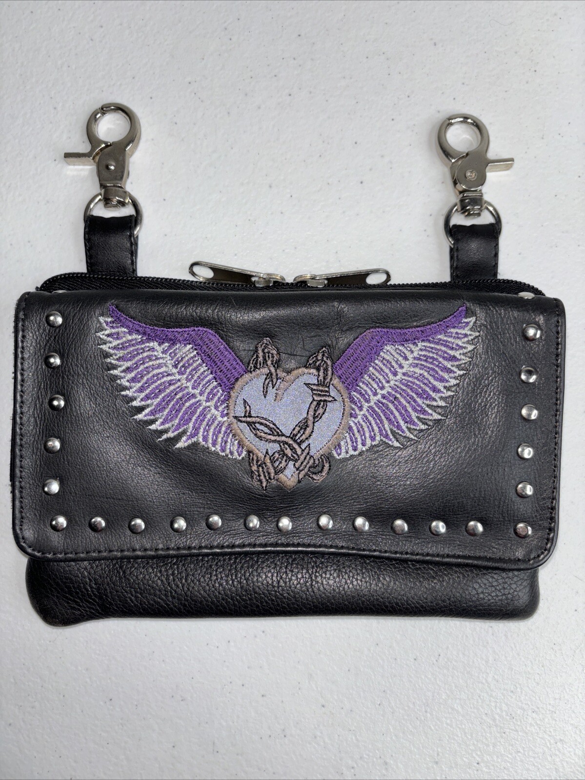 Black Biker Studded Leather Belt Clip Pouch Barbed Wire Heart With Purple Wings