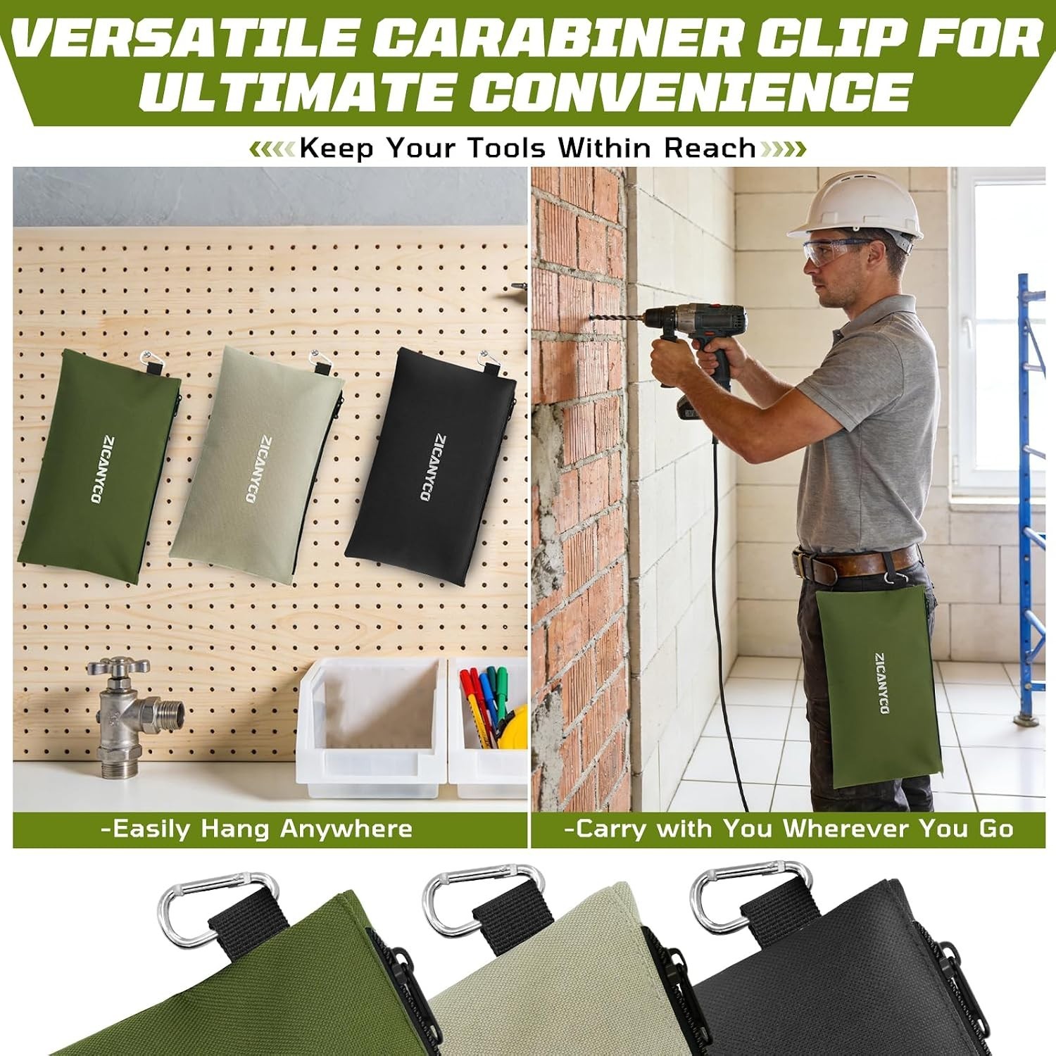 Tool Pouch Zipper Bags, Small Tool Bags with Metal Zipper & Carabiner, Durabl…