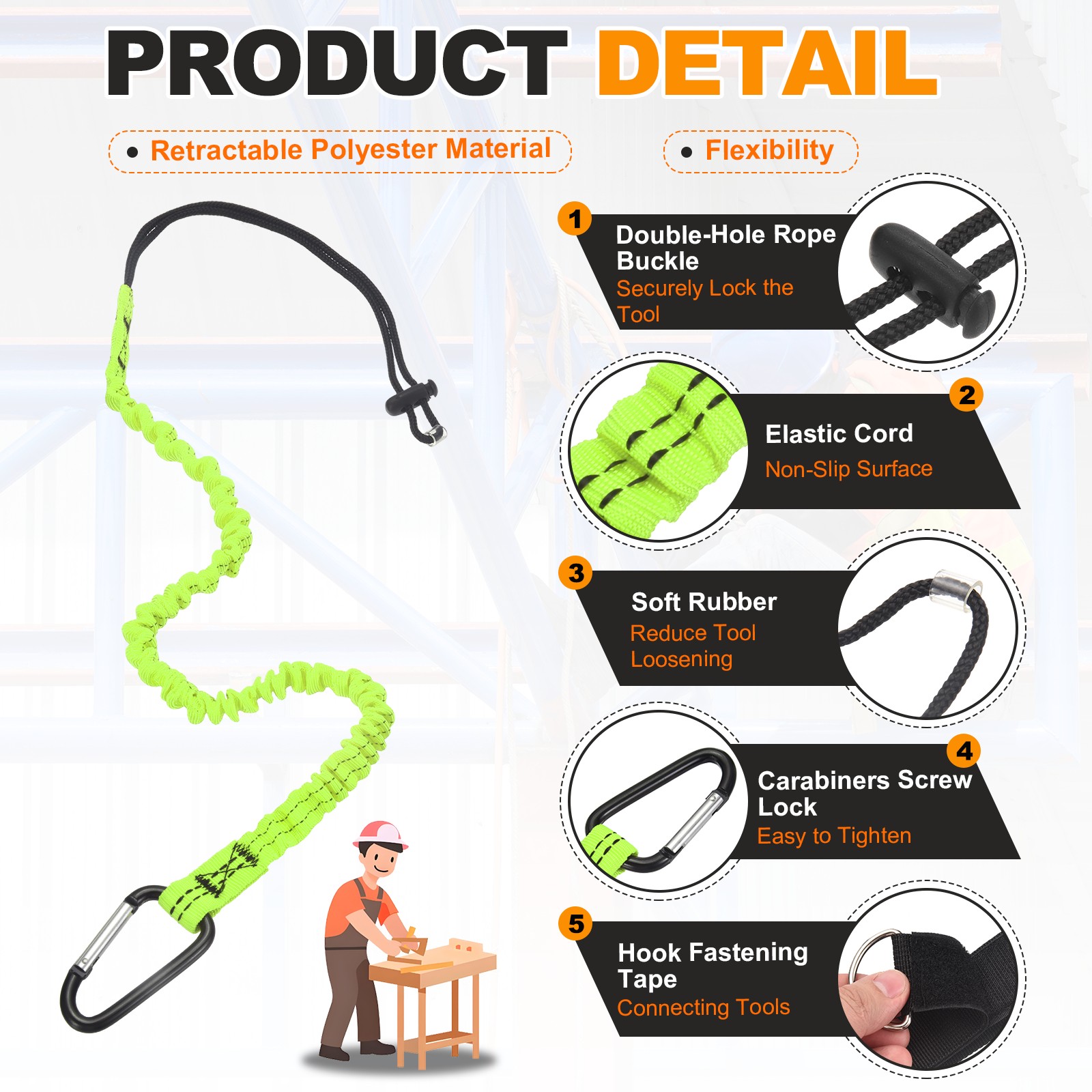 Tool Lanyard with Hook Fastening Tape Loop End (10kg/22lb), (Black)