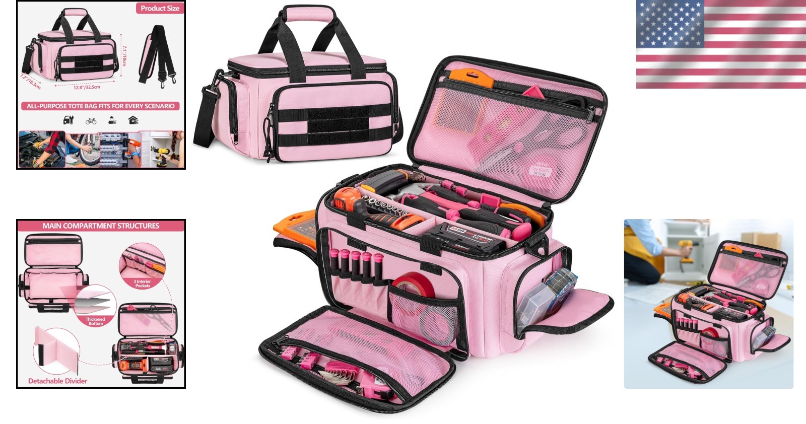 Tool Tote Bag for Women Water Resistant Pink Organizer with Anti Friction Bottom