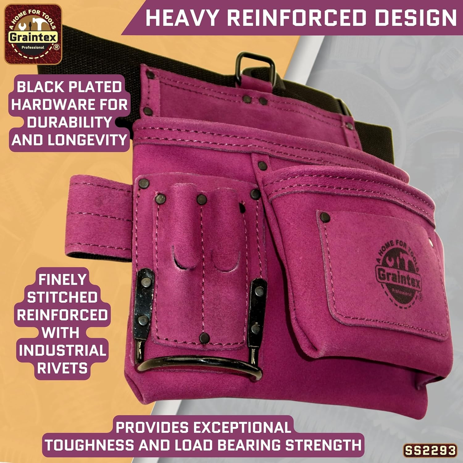 5 Pocket Suede Leather Tool Belt/Bag | Purple | Multipurpose Leather Tool Belt f