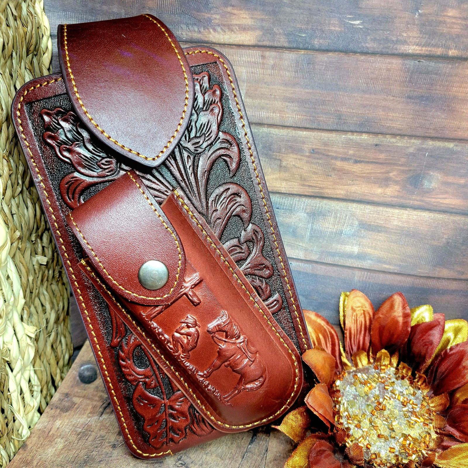 Praying Cowboy Western Leather Phone Holstor With Knife Sheath & Belt Clip LAR