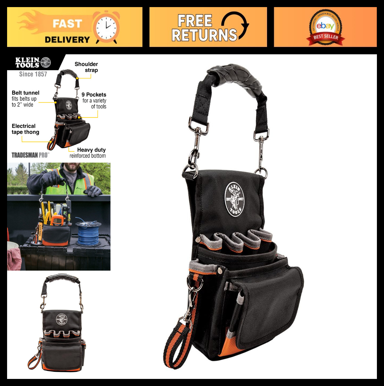 Heavy-Duty Tool Pouch with 9 Pockets, Electrical Tape Holder, Reinforced Bottom