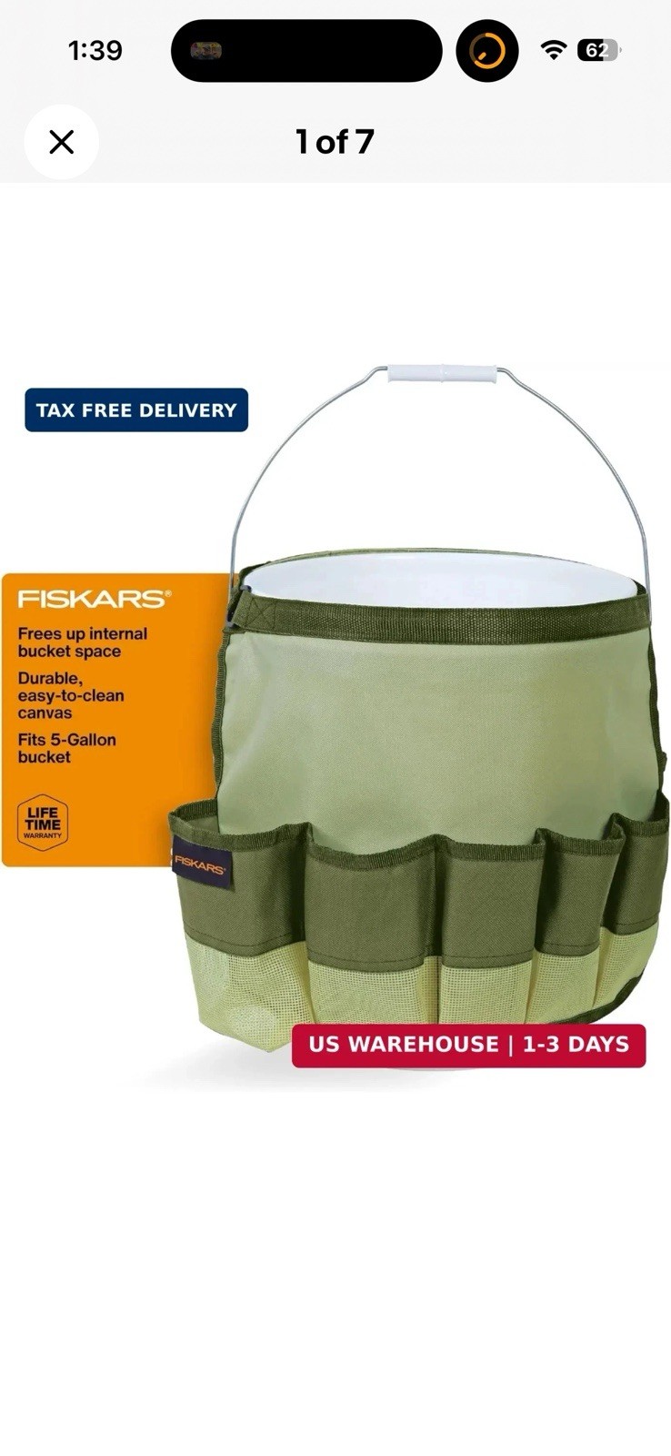 Fiskars Garden Bucket Tool Caddy Green 12.5” x 36”