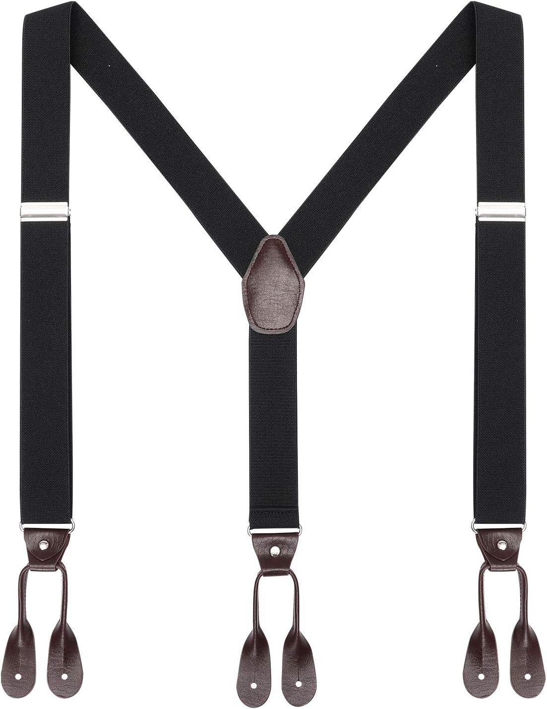 AWAYTR Mens Brown Button End Suspenders – Adjustable Elastic Y Shape Black