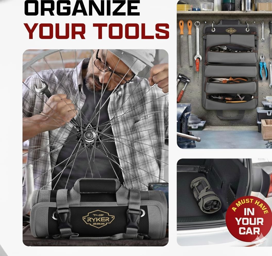 The Ryker Roll Up Tool Bag Organizer Gifts for Dad. Heavy Roll, Black