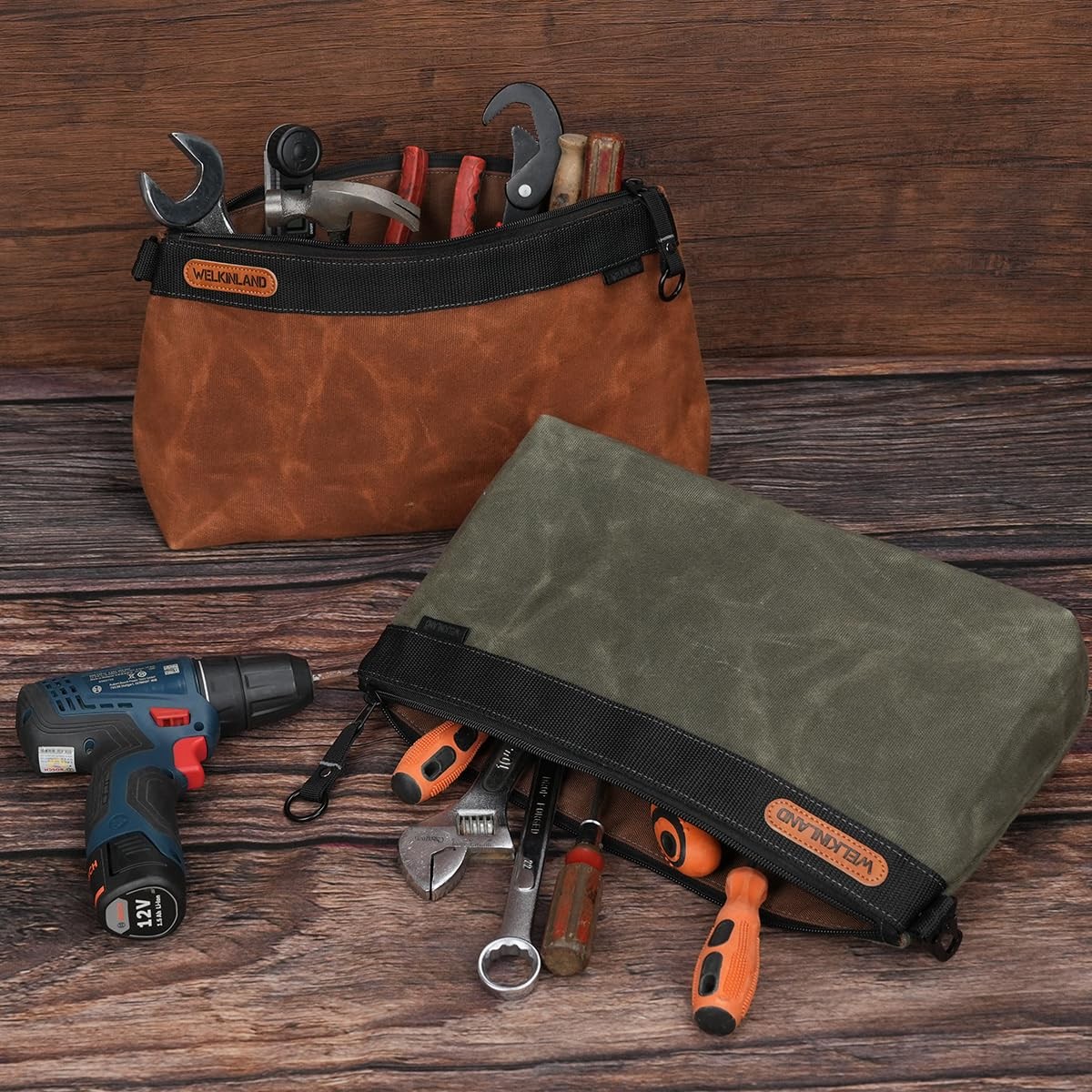 WELKINLAND 2-Pack Heavy-Duty Waxed Canvas Tool Pouches, 14-Inch Zippered Tool…
