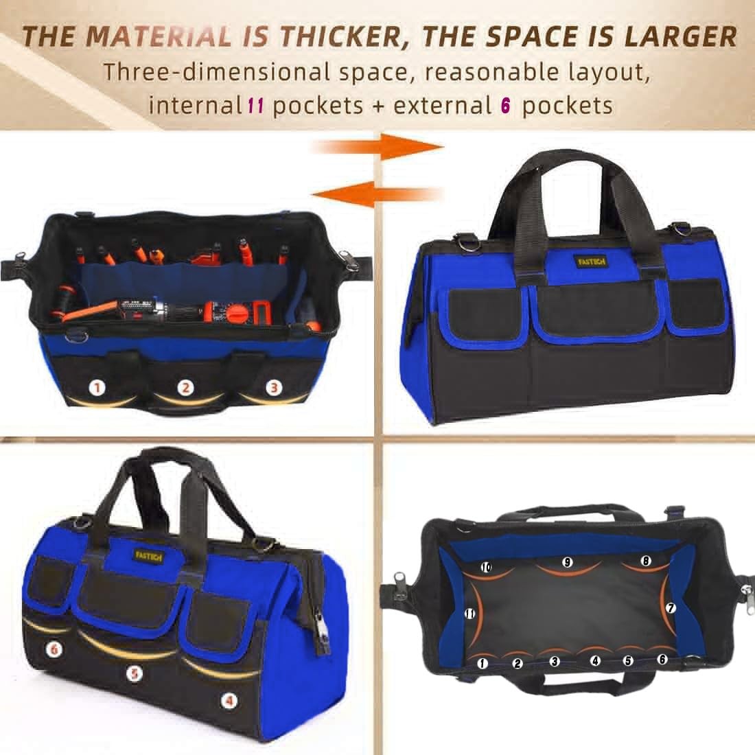 20 Inch Heavy Duty Wide Mouth Tool Bag Storage Carrier Organizer With Pockets