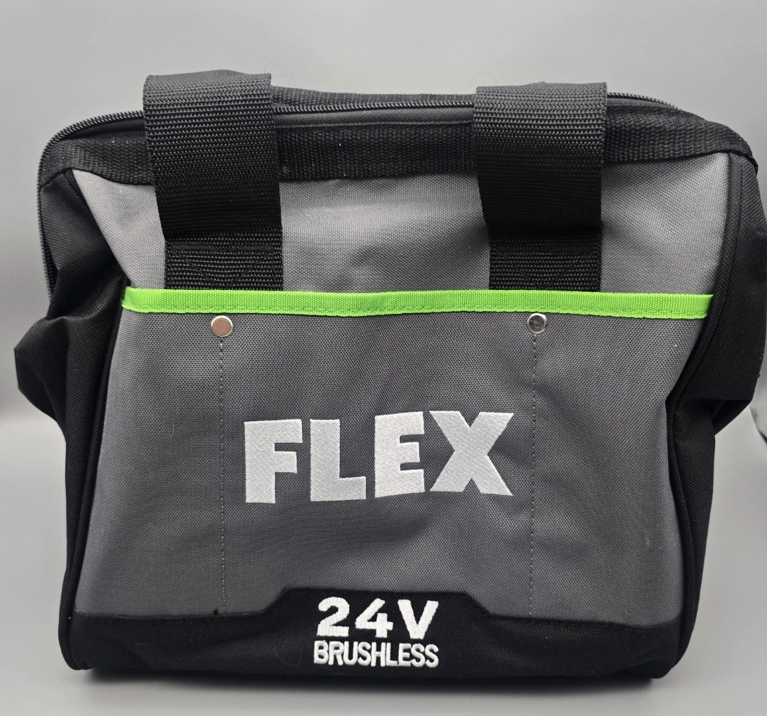 FLEX 24v Zippered Tool Bag Black Grey W/Green Stripe 12x10x8 6 slip pockets NEW
