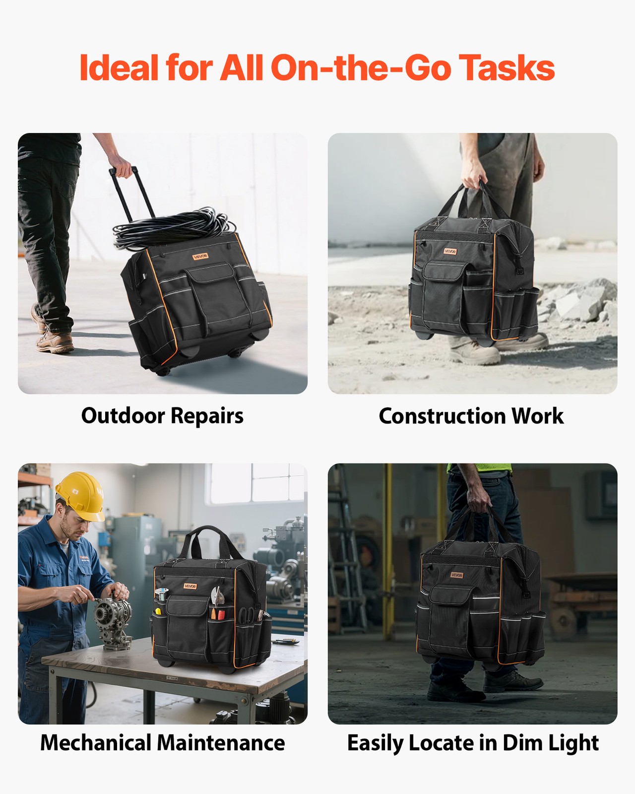 VEVOR Rolling Tool Bag 25 Pockets Heavy Duty Roller Tool Bag on Wheels