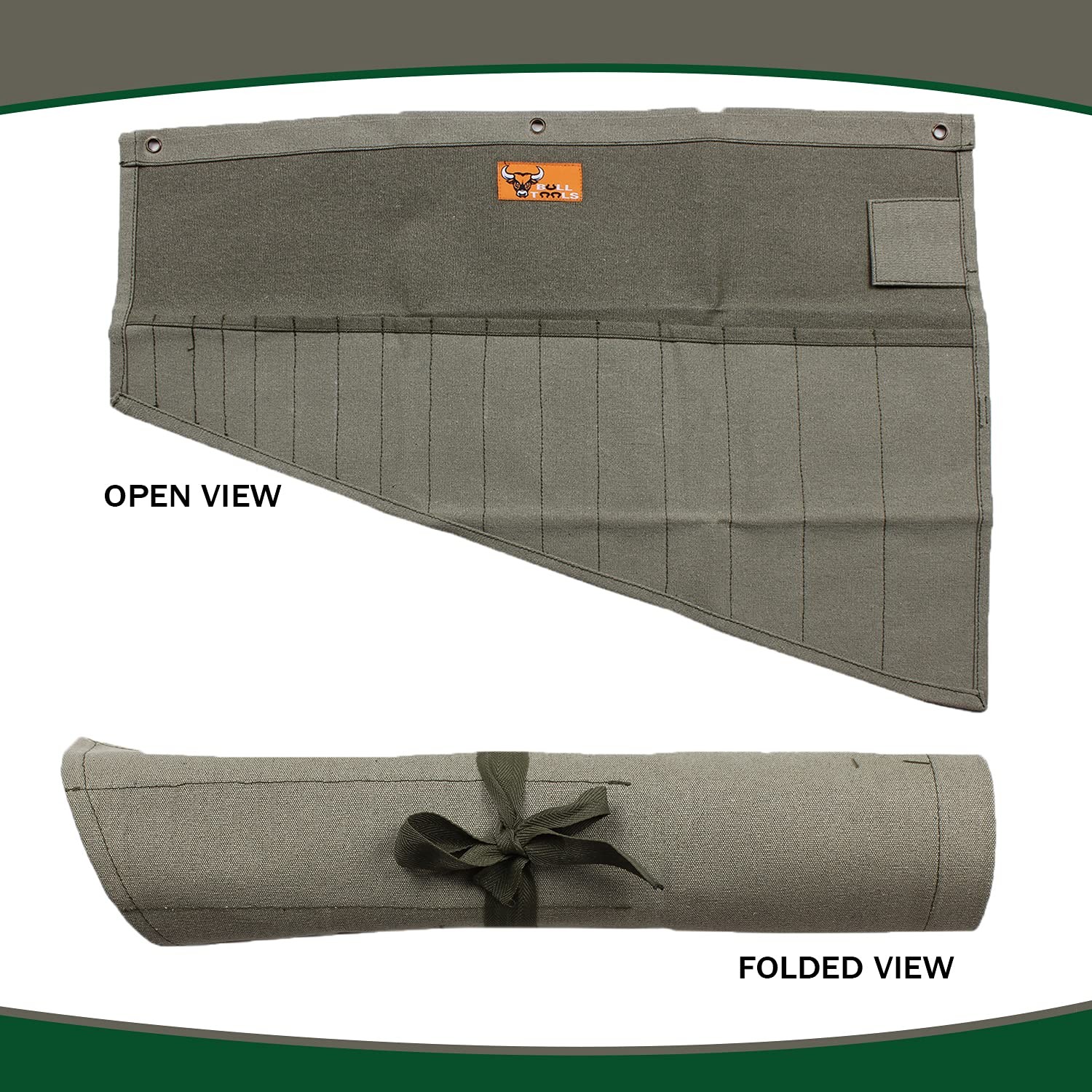BULL TOOLS Portable Wrench Organizer Roll Large (16 – PKT), Washed Olive Drab