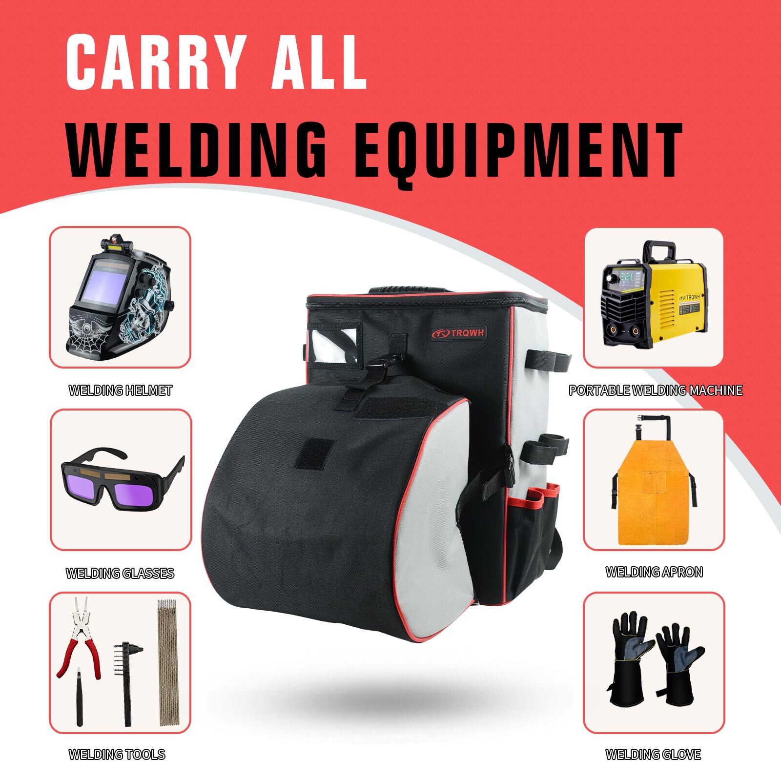 TRQWH Industrial Welding Gear Pack with Helmet Holder, 14 Compartments, Black