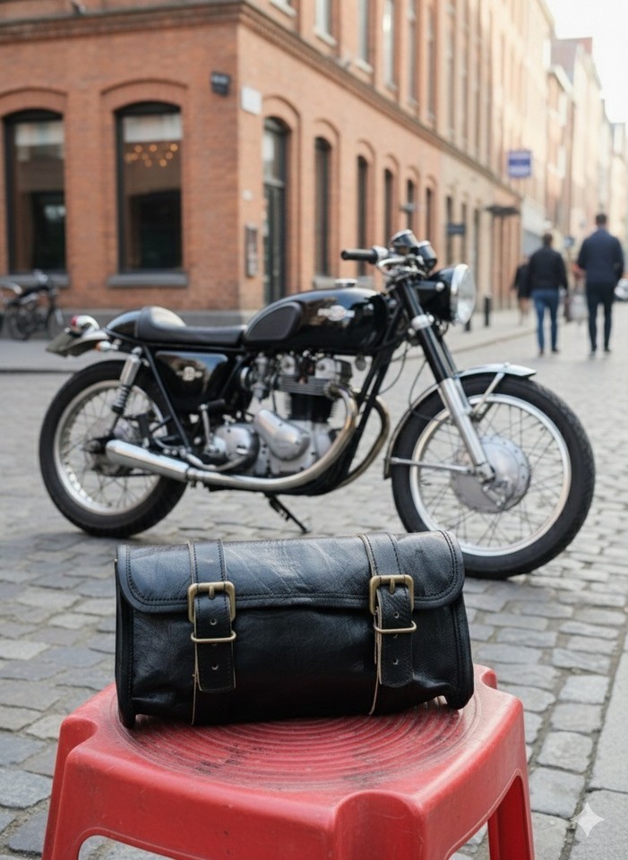 Superb Leather Vintage Motorcycle 2 Strap Buckle Closure Tool Black Bag…