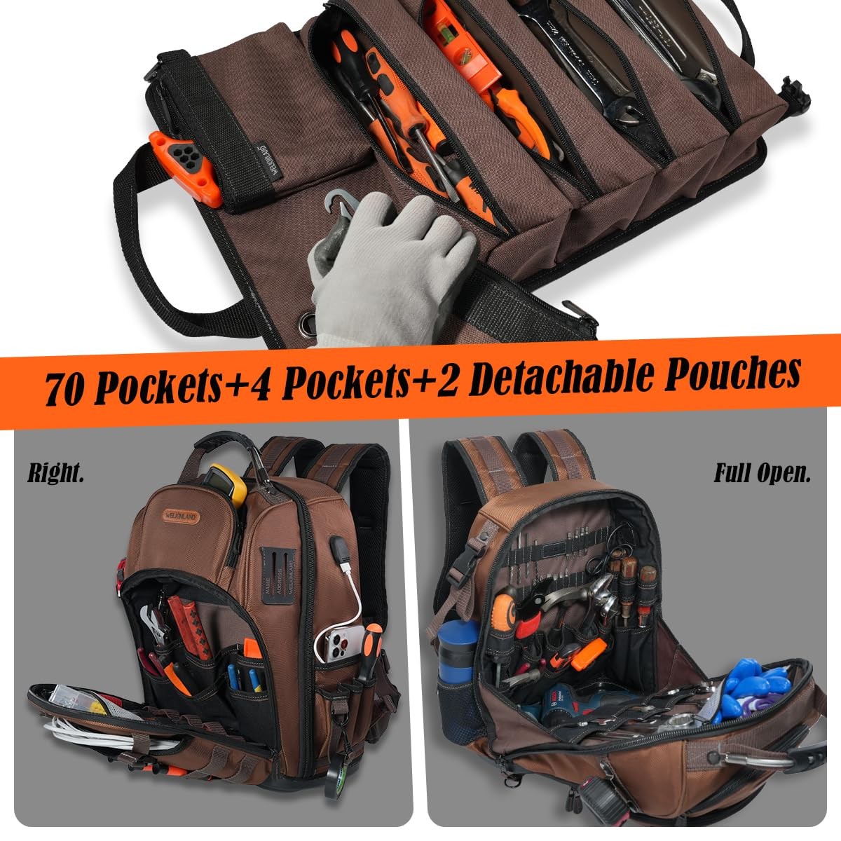 WELKINLAND 70Pockets HVAC Tool Backpack With Roll, 4-Piece Brown & Black