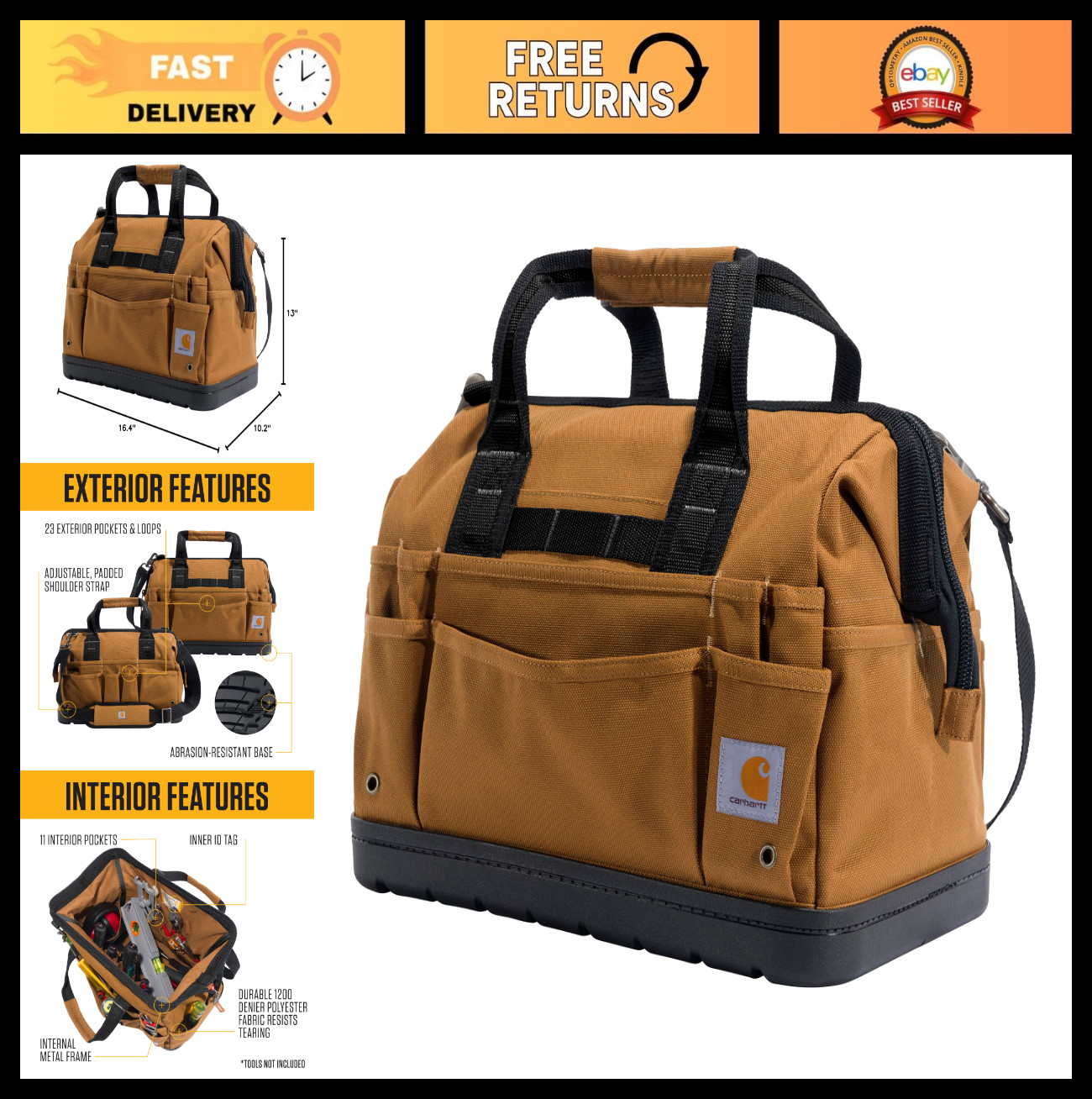 Durable Water-Resistant Tool Storage Bag, Heavyweight 16-Inch with Molded Base