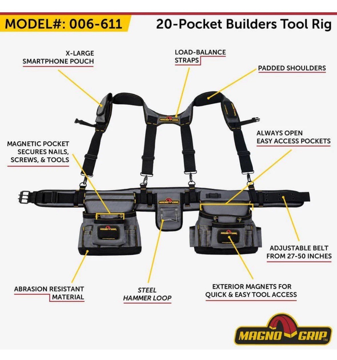 Builders Tool Rig 20-Pocket Magnetic Pockets Magno Grip Organize Store Tools