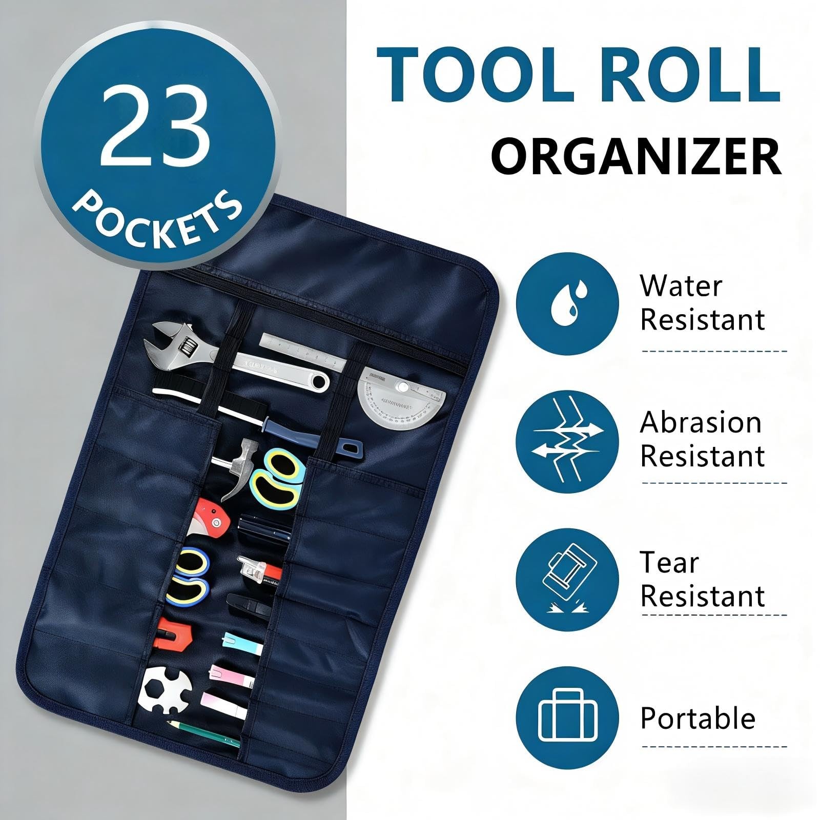 23 Pocket Tool Roll Up Bag, Heavy Duty Oxford Wrench Organizer with Elastic L…