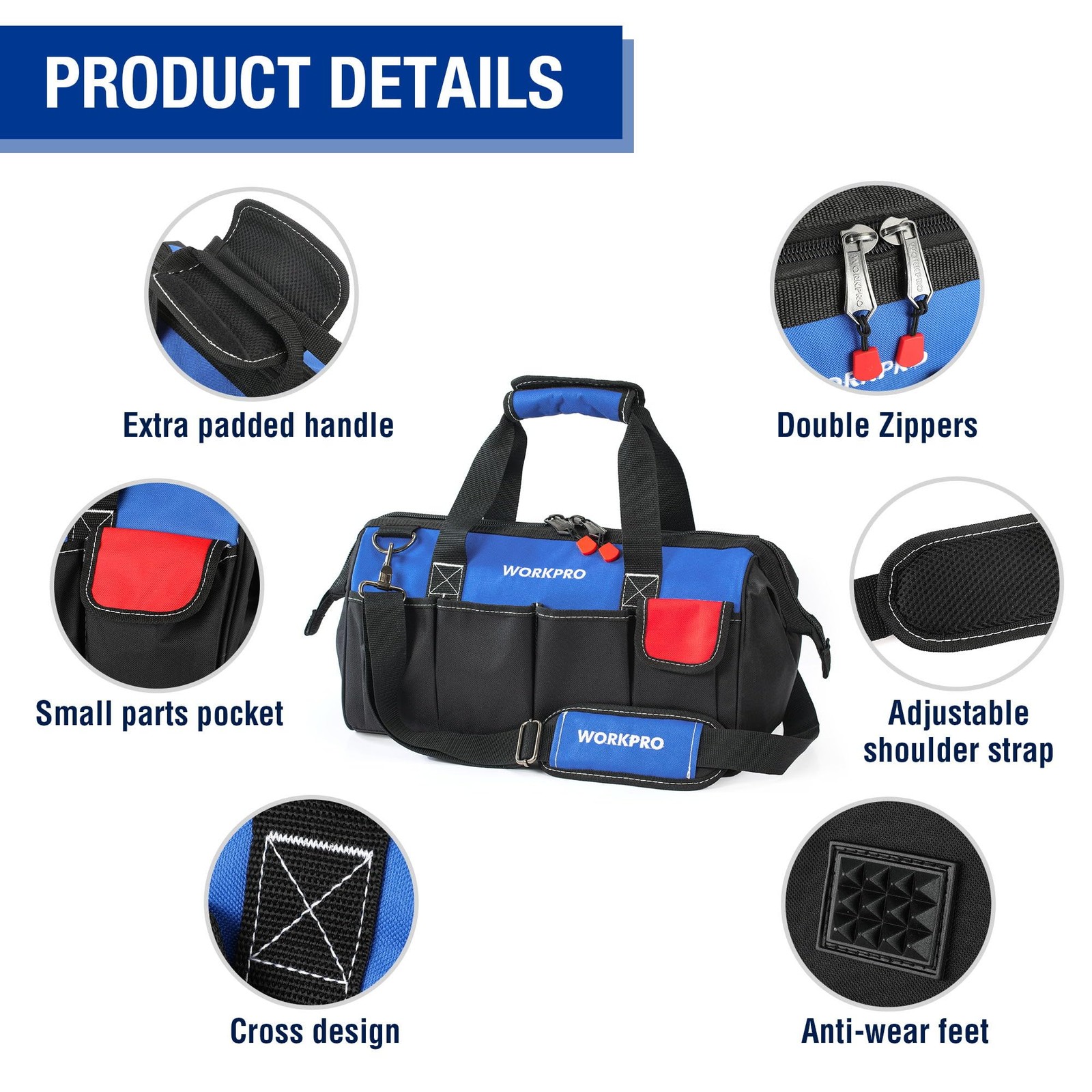 18-inch Close Top Wide Mouth Storage Tool Bag with Adjustable Shoulder Strap,