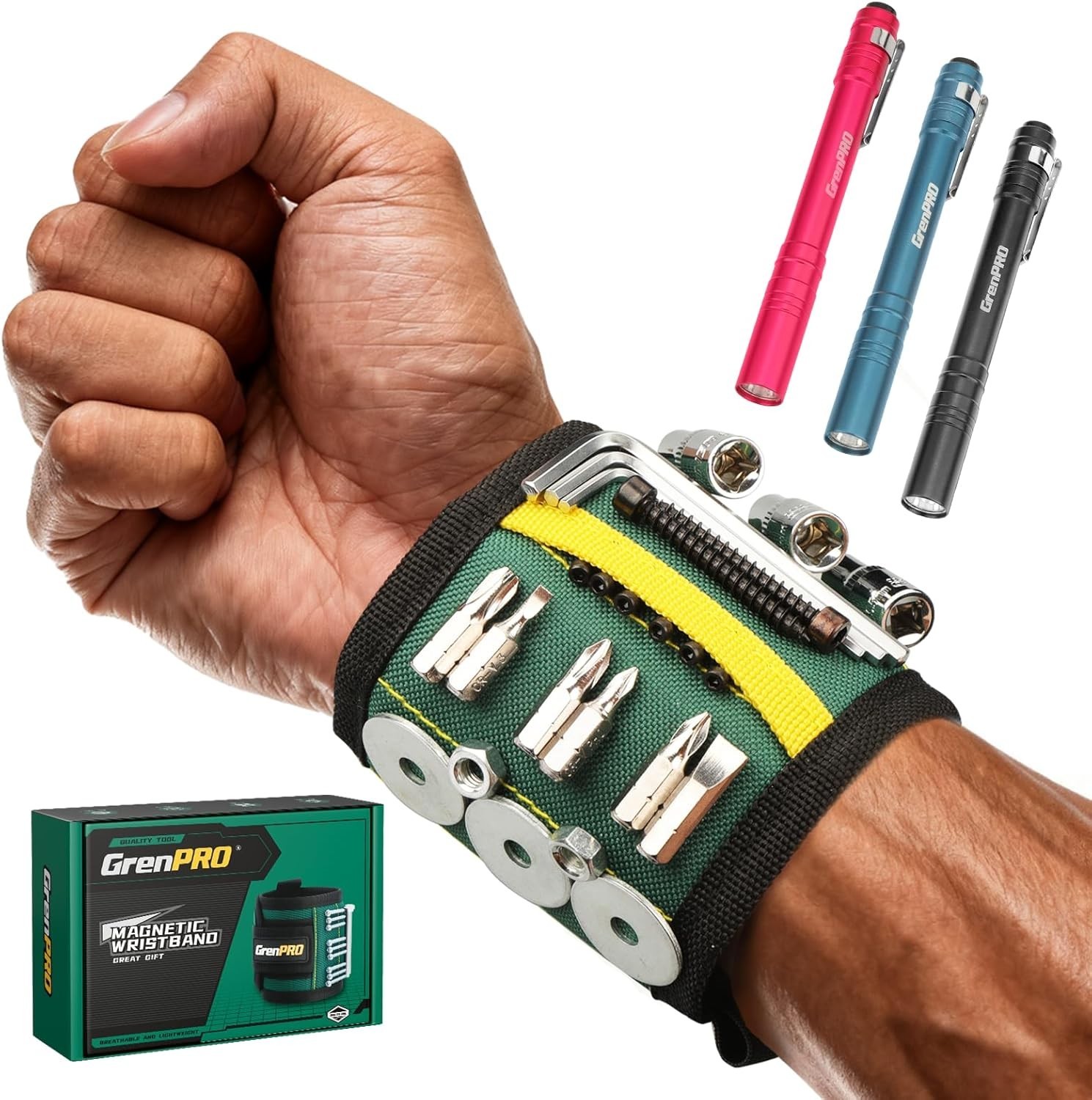 Heavy-Duty Magnetic Tool Wristband with 3 LED Flashlights – Perfect Gift for Men